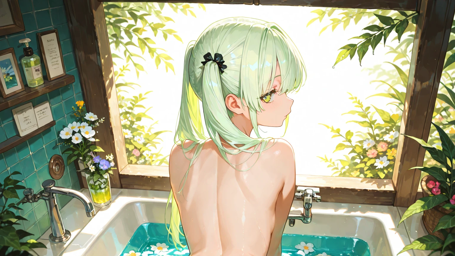 Elfa de cabelo verde em um rio tomando banho pelada mostrando os peitos nus, mostrando os mamilos, e com um corpo sexy