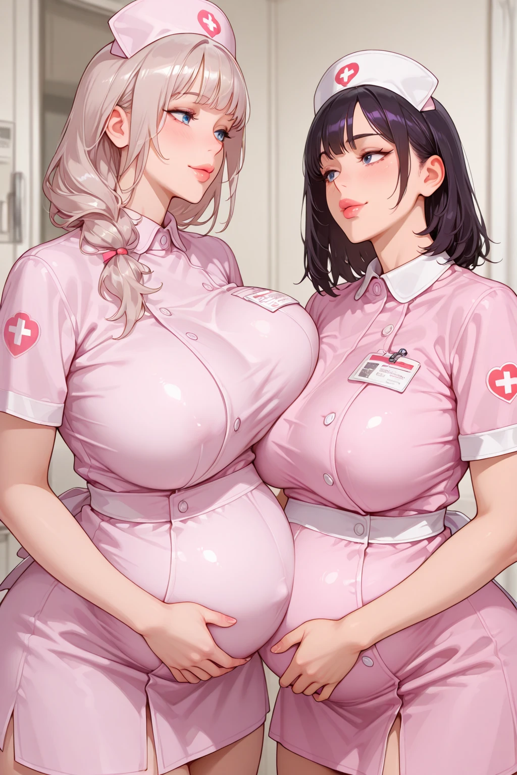 Sexy woman, (latex), bulky ((diaper)), diapered, beautiful, pleasure, colorful, fantasy, (big breasts), (wide hips), blushing, big lips, bimbo, long lashes, (confident), atmospheric, (mood lighting), (seductive), ((nurse)), (latex nurse), (doctor's office), (sci-fi), ((mommydom))