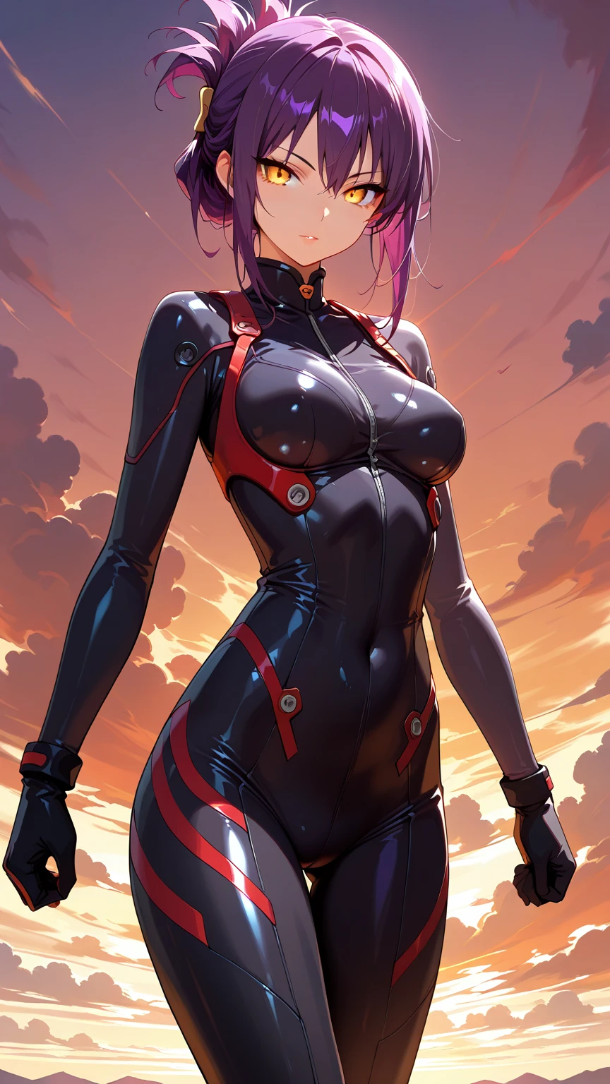best quality, expressive eyes, perfect face, front view, shihouin yoruichi (Bleach), dark skin, ((black leotard)), arm gloves, stockings, yellow eyes, purple hair, long hair, ponytail, thighhighs, purple sky, mountains