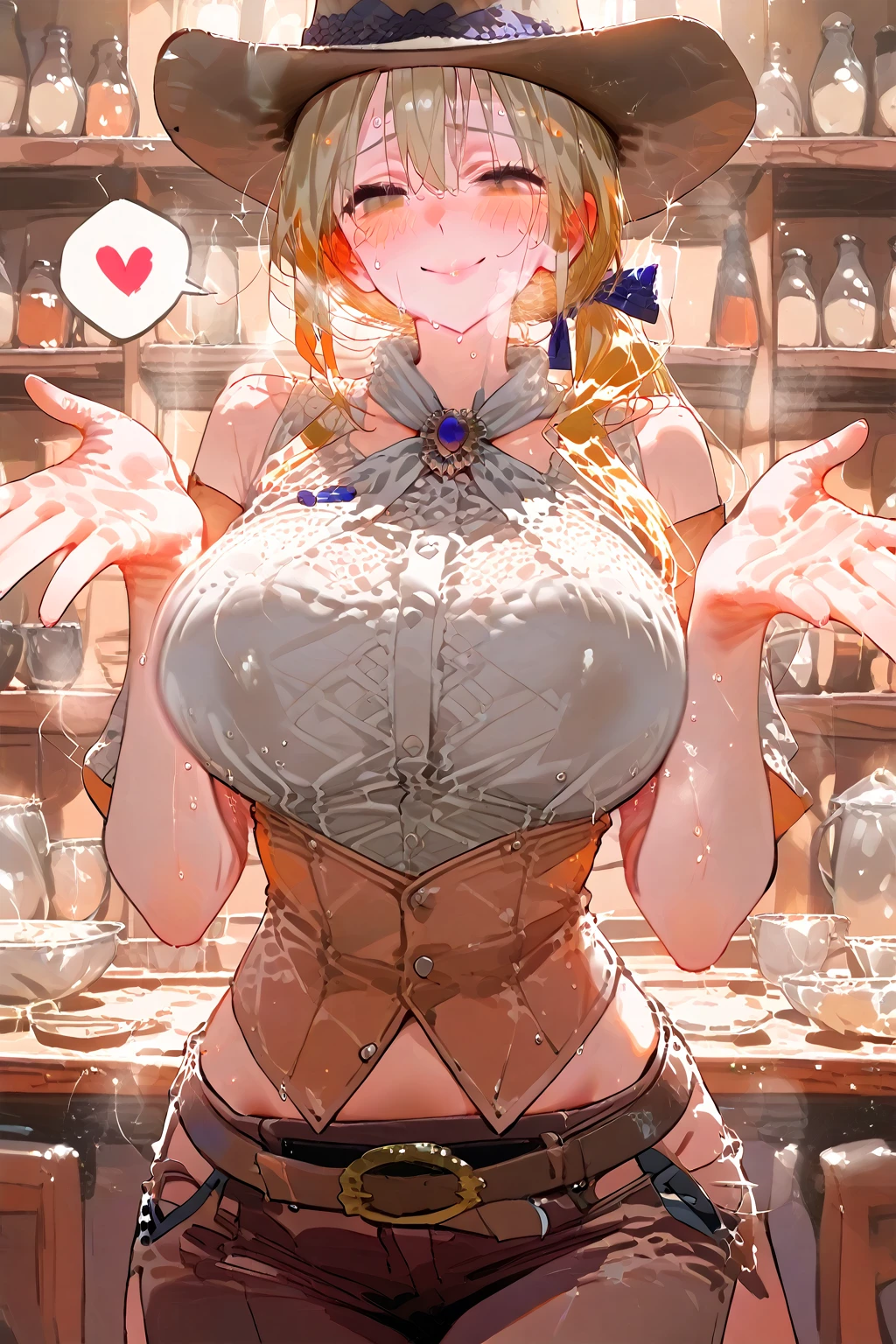 High quality, masterpiece, best solutions, bottom view ,   sexy body, wet, sweaty body, Navia, genshin impacts, show sweaty armpits, yellow hair, squat position,  sexy  black bikini,((( hyper breasts))), (((cum in pussy))),(((( cum in breasts)))), on the bar
