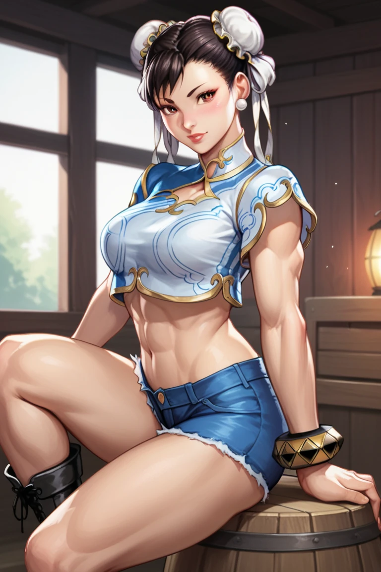 chun-li, ripped muscle, muscular body, pale skin, smile(blush), nude, sixpack abs, [ultra detailed skin:1.2], double bun, 8k uhd, pussy, stand, restaurant,