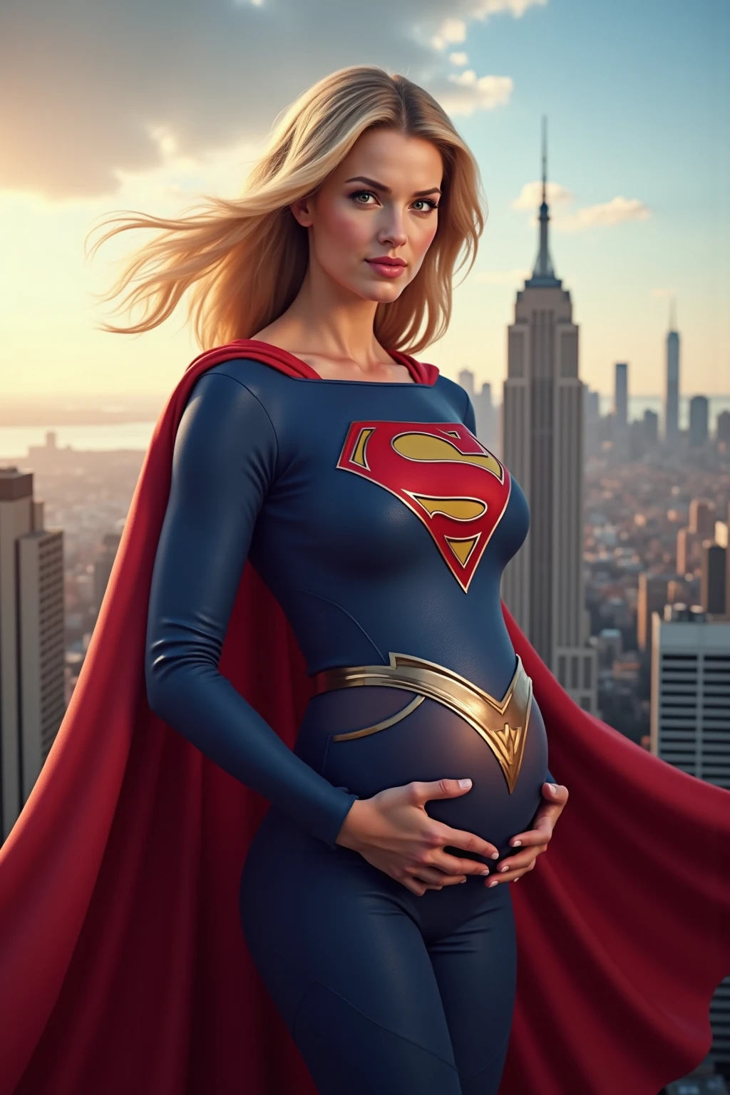 Asian, pregnant women,young , beautiful,naked ,blonde hair,wear wonder women tiara,wear supergirl mantel and logo
