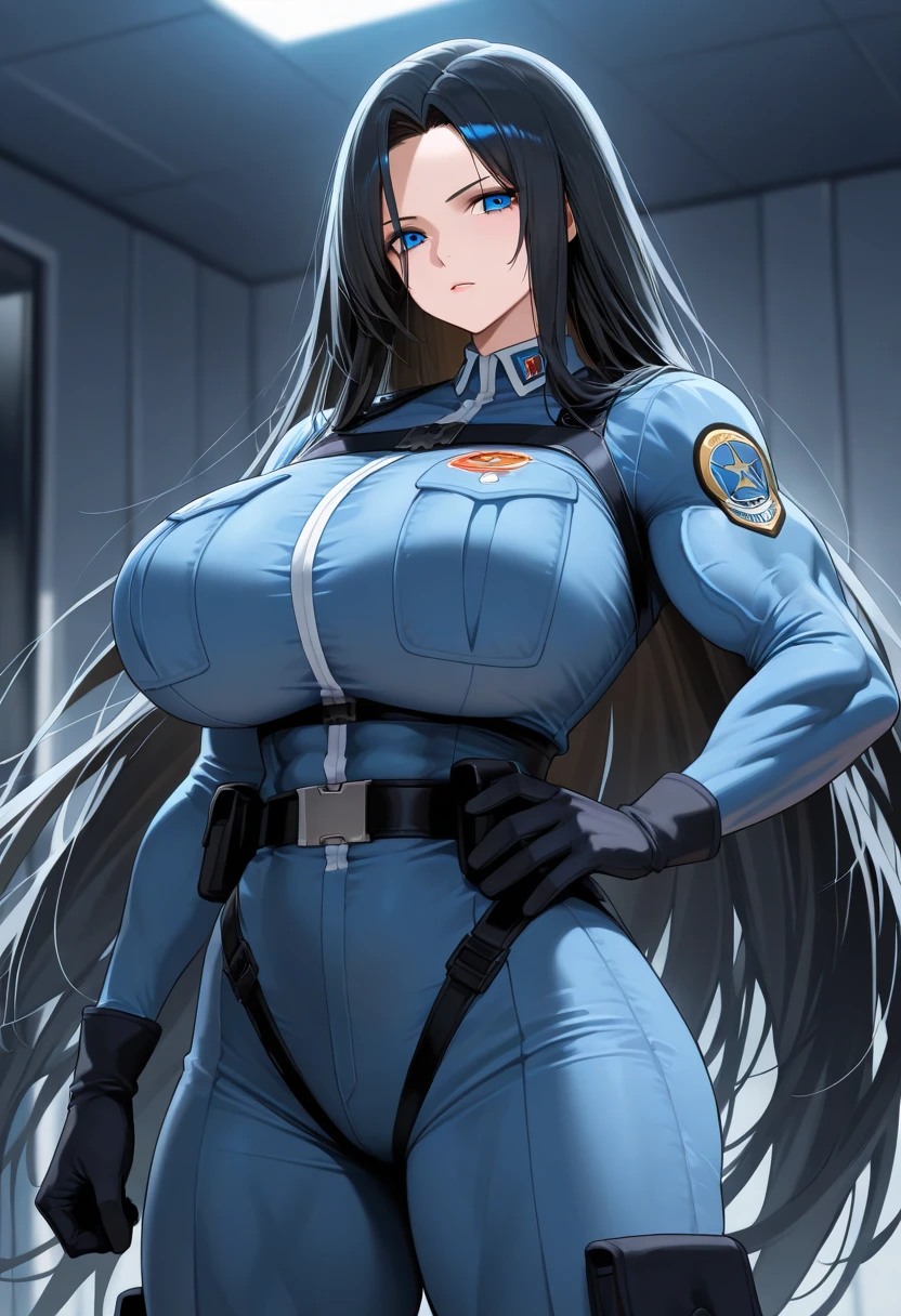 A dark-haired MILF in a blue patent leather catsuit, white gloves, white boots and a police cap is taking a sweaty break in the locker room.　submachine gun