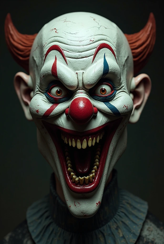 Nightmare Grin An image featuring an evil clown with a menacing grin, showcasing sharp, yellowed teeth and an unsettling smile that sends chills down the spine, Ultra realism, color field printing, high detail, UHD, 8k, anatomically correct, cinematic lighting 4d quality --auto