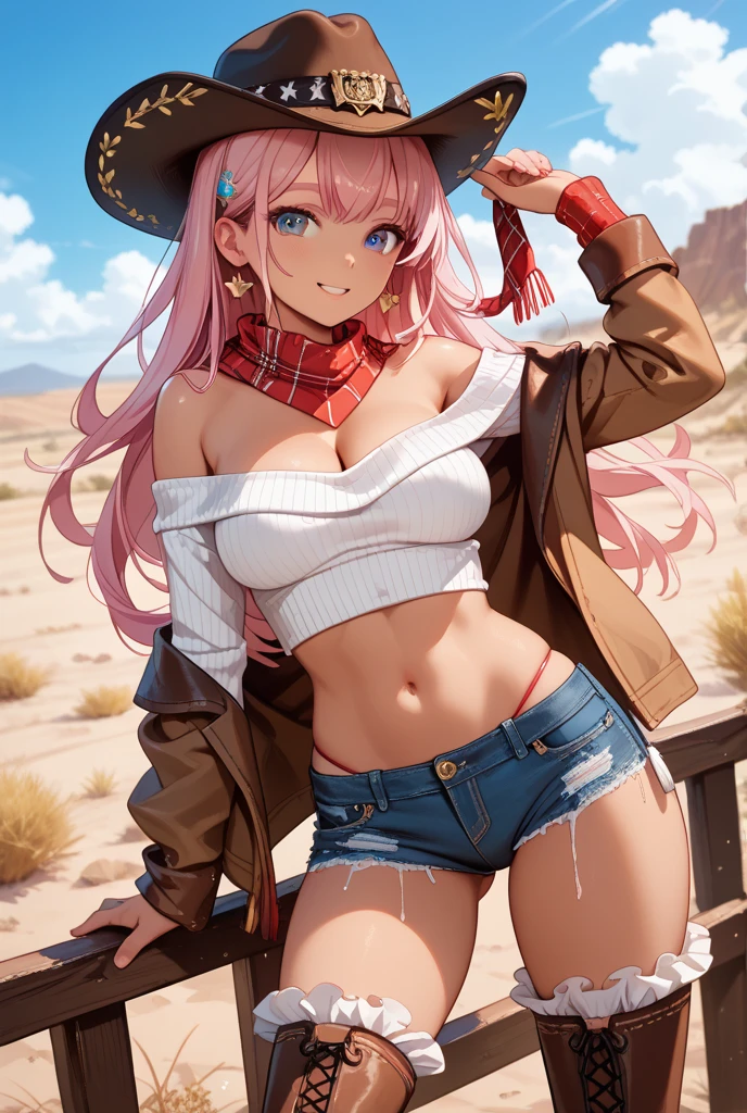 (Highest quality:1.2, Manga works, Manga style, Very detailed, Latest, Vibrant, digital coloring, High Contrast, masterpiece:1.2, Highest quality, Best aesthetics, There is), ((( 1 female:1.2))), Pink Hair, Medium Hair, Gradient Hair, Reddish brown eyes, Silver_Headphones, (White underwear、Half cup bra、Cute panties:1.2)、necklace, Beautiful thighs, Blue Boots, Open your mouth, smile, Random Pause, Cowboy Shot, Simple Background.Voluptuous bust、Big Ass、Camel Toe