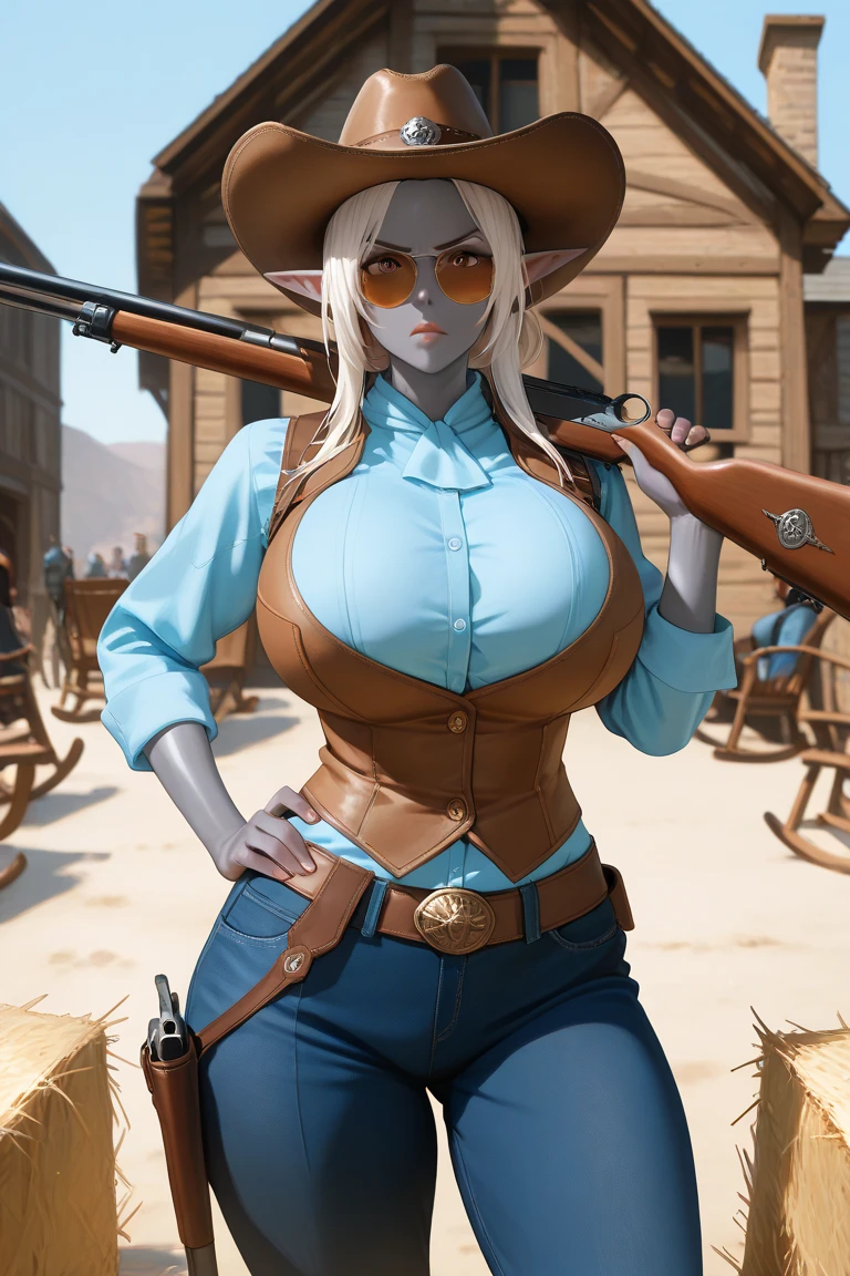 ashe, thighs, nude tits, full body, brown high heels boots, blue jeans, medium tits