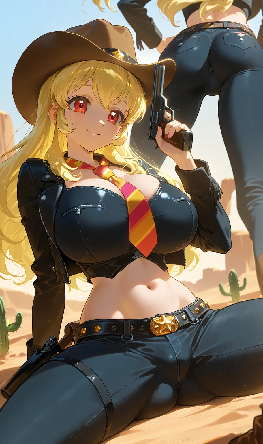 dark-skinned female+++++, detailed eyes, sparkling eyes, close-up, pink eyes, full lips, +thick lips, big breasts, blonde hair, pink highlights, piercing, long hair, flat stomach, long eyelashes, lipgloss, smirk, looking at viewer, darkskin+++, nose piercing, cleavage, nipple slip, 8K, 1girl, leather bodysuit, leather hat, pink hat++ , pink leather+++ , hypnotic, chains , whips