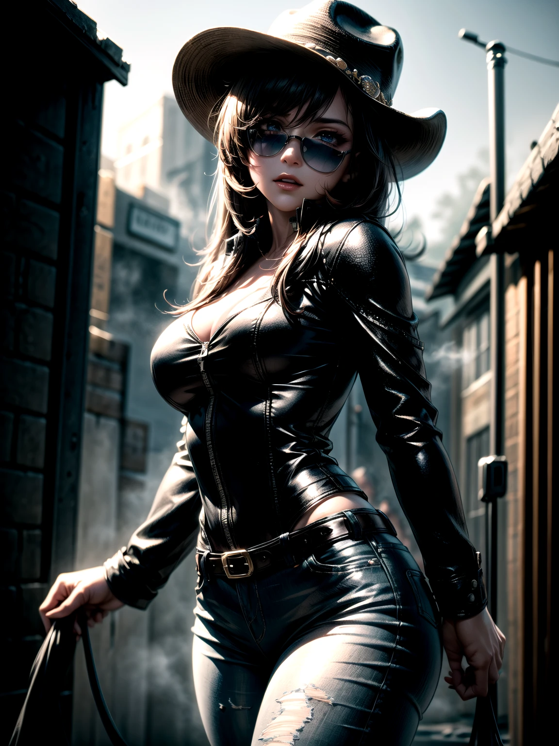 a cyber girl, with furry latex suit, technological armor, Trench coat, and cowboy hat, He is wearing a revolver holster, sexy pose sensual look at the camera, in the background an old west landscape 