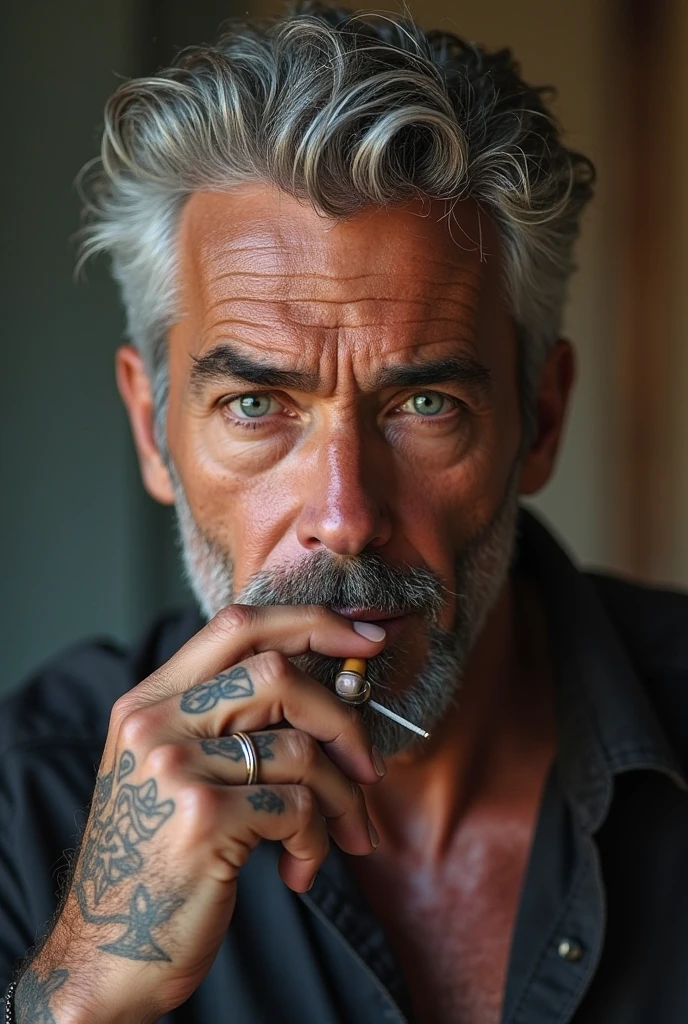 the most confident silverfox leather daddy in the kink club smoking a cigar as he gives you the look, intricate detail,