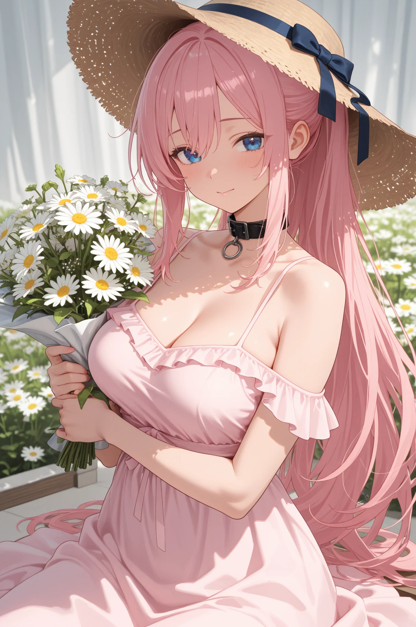 ((masterpiece)), breasts, looking_at_viewer, short hair, (multicolored_eyes:1.5), (pink hair:1.8), bangs, blue_eyes, ((light_smile)), (long locks:1.4), (ribbon earrings), masterpiece, best quality, high quality, absurdres, shiny skin, colorful, dynamic pose, stunning art, best quality, hyper detailed, dynamic angle, beatlful detailed, reflective hair, good lighting, ray tracing, depth of field, ultra-detailed, illustration, Amazing, fine detail, extremely detailed, ((ultra-detailed)), (beautiful detailed girl), beautiful detailed glow, intricate detail, highres, an extremely delicate and beautiful, beautiful detailed eyes, realistic, hdr, rounded eyes, detailed facial features, (illustration), (beautiful detailed eyes), ((very detailed face)), depth_of_field, eyebrows_visible_through_hair, frills, looking_at_viewer, (upper body:1.4), clothes reflecting light, (light diffraction on skin: 1.35), (glossy skin: 1.55), (Iridescence Effect: 1.55), collarbone, white_shirt, long_sleeves, choker, flower, camera, (indoor, potted plant:1.5), critical angle,