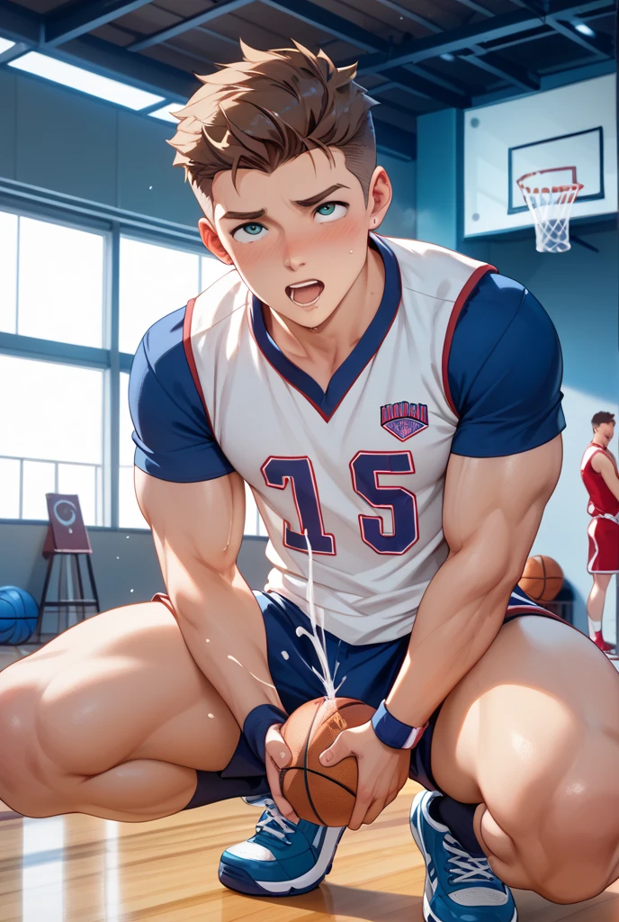 Boy, teenager, 19 years old, With perfect, round shiny buttocks, Fights off long wet tentacles Front light, wet thong, The sun shone on front off his body, Very wet body, sweating,  exposing his sexy chest, Very hot sunny day, Fluffy chest,  Short hair , squat pose, on the sport field, seducing, just Wearing wet white Tiny thong exposing his big bulge, very wet body, fit body, teenager, young teenager boy, sweat covering all over the body, Sweat dripping all over the body, The colors are bright and vibrant, enchancing the overall aesthetic, don't merge body's, detailed eyes and lips, sixpack and fit body oil painting,
