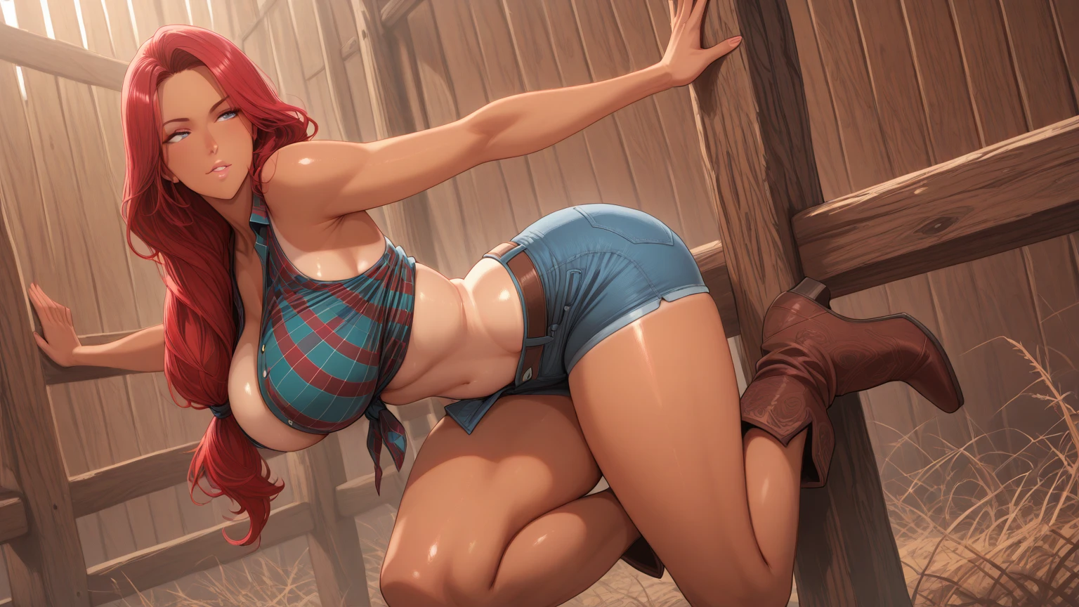 Red long-haired，No panties and bras，Nipples exposed，Spill milk