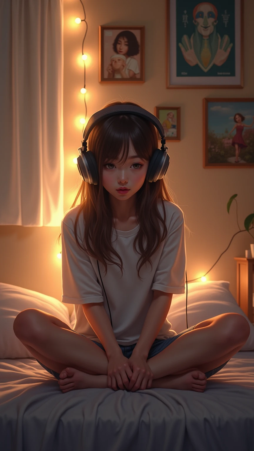 arafed girl with headphones sitting on a couch in a room, menina usando fones de ouvido, listening to music, listening to godly music, Fones de ouvido ligados, retrato de alta qualidade, vibing to music, Usando fones de ouvido, com fones de ouvido, capa de revista, cenario de Lofi, Shutterstock, listening to music at 2 am, Foto retrato suave 8 k, music being played