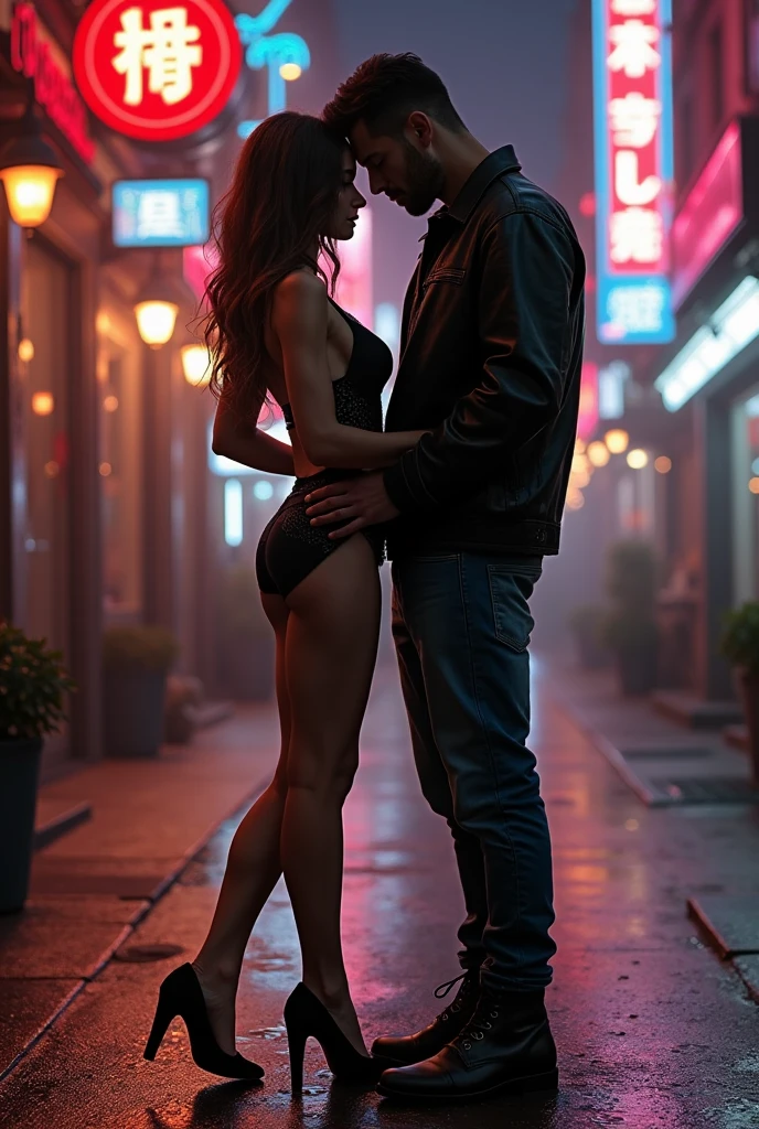 cyberpunk, night, dark, neon lights. city, dystopian future, sci-fi, (8k), (best quality), (masterpiece:1.2), (realistic), (photorealistic:1.0), ultra-detailed, couple in love,18 yaers old, naked, boy with huge cock, boy showing cock, girl is toples, beautyful bodies, anathomically precise, small tits