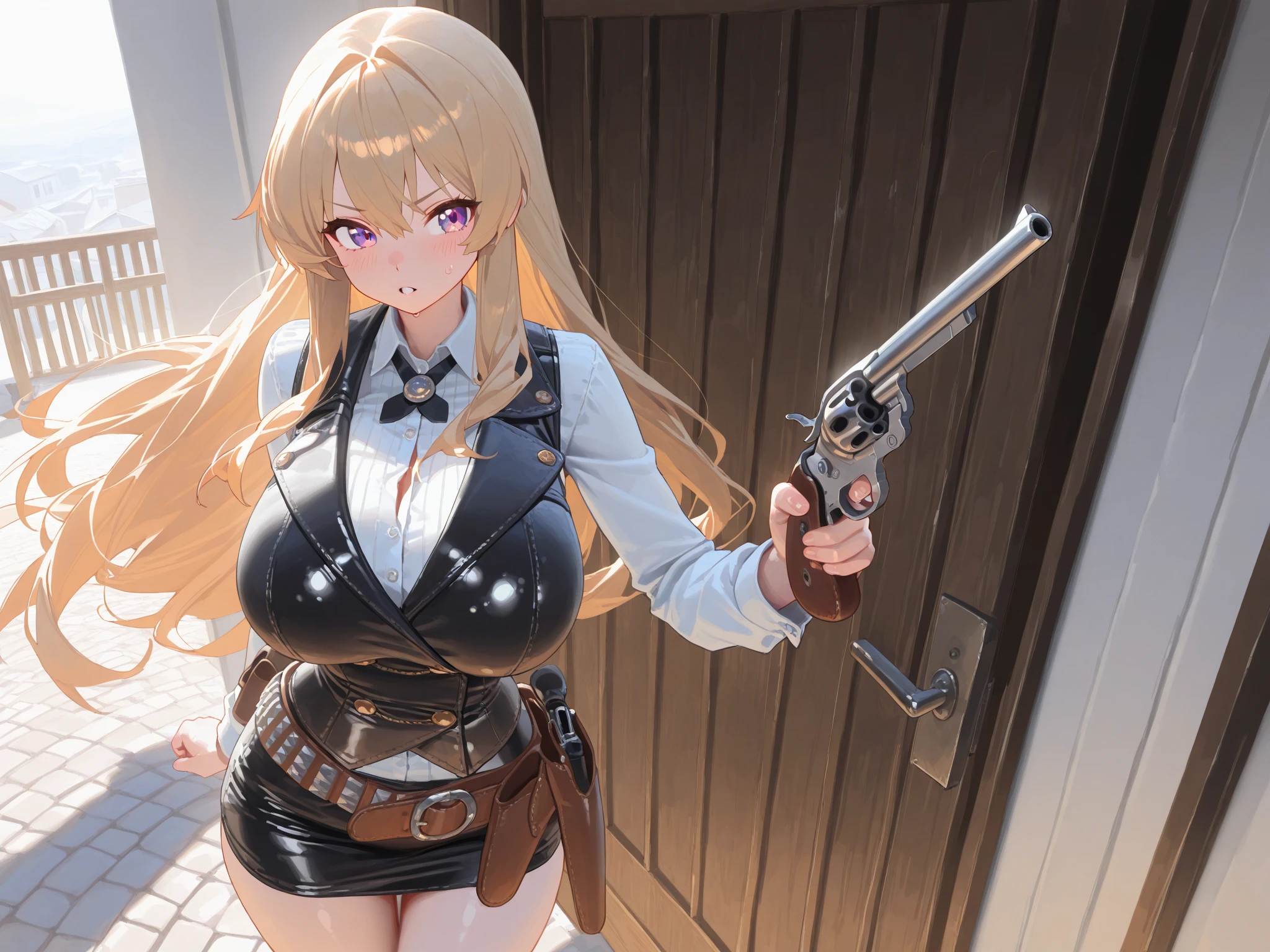 a girl she have a big butt and wide hips, her butt is visible in her dress, She is in a magical castle waterfall full of plants, she has red eyes, blonde hair and She has a gun on her waist, the pistol is on his waist, she smiling.