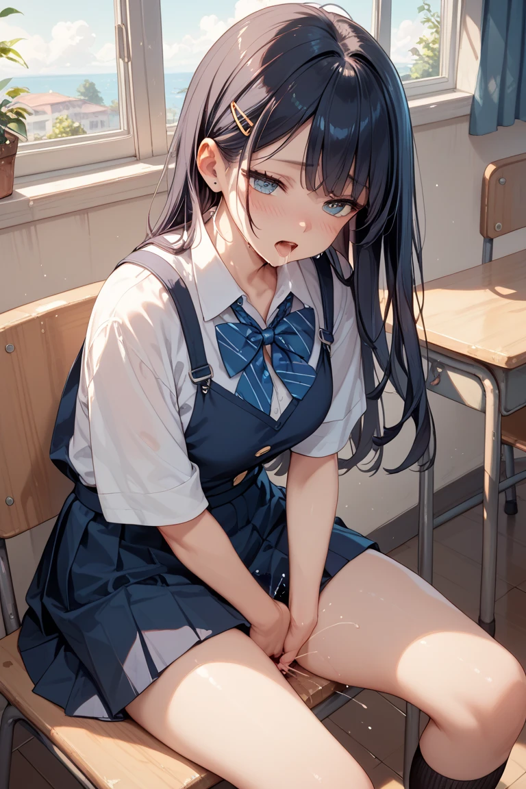Hoshino Ichika,Project Sekai,project sekai,One girl,Embarrassing,high school girl,Blue-black hair,black eye,beautiful girl,long hair,School,White shirt,Blue tie,skirt,Sitting in a chair,Watching the audience,nsfw,Spread your legs,Spreading the female genitals, open vagina,