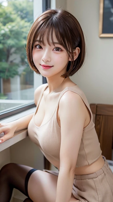 (table top:1.4、highest quality:1.4、best image quality:1.4、A beautiful woman with a cute smile and charm:1.4、beautiful teeth、Lip gloss lunette short bob hair、shiny and glossy hair、光沢のあるbangsを持っている:1.4、bangs:1.4、shiny short hair、long neck:1.4、please show me your ears、tall supermodel、Supermodel with broad shoulders、{Huge|big|Hugeな|mega} chest, Beautiful chest have cleavage)、(cute high school girl、off-shoulder white see-through shirt、Short plaid see-through pleated skirt、28 years old)、Very cute and attractive woman、Shift clothes to show nipples、enchanting smile