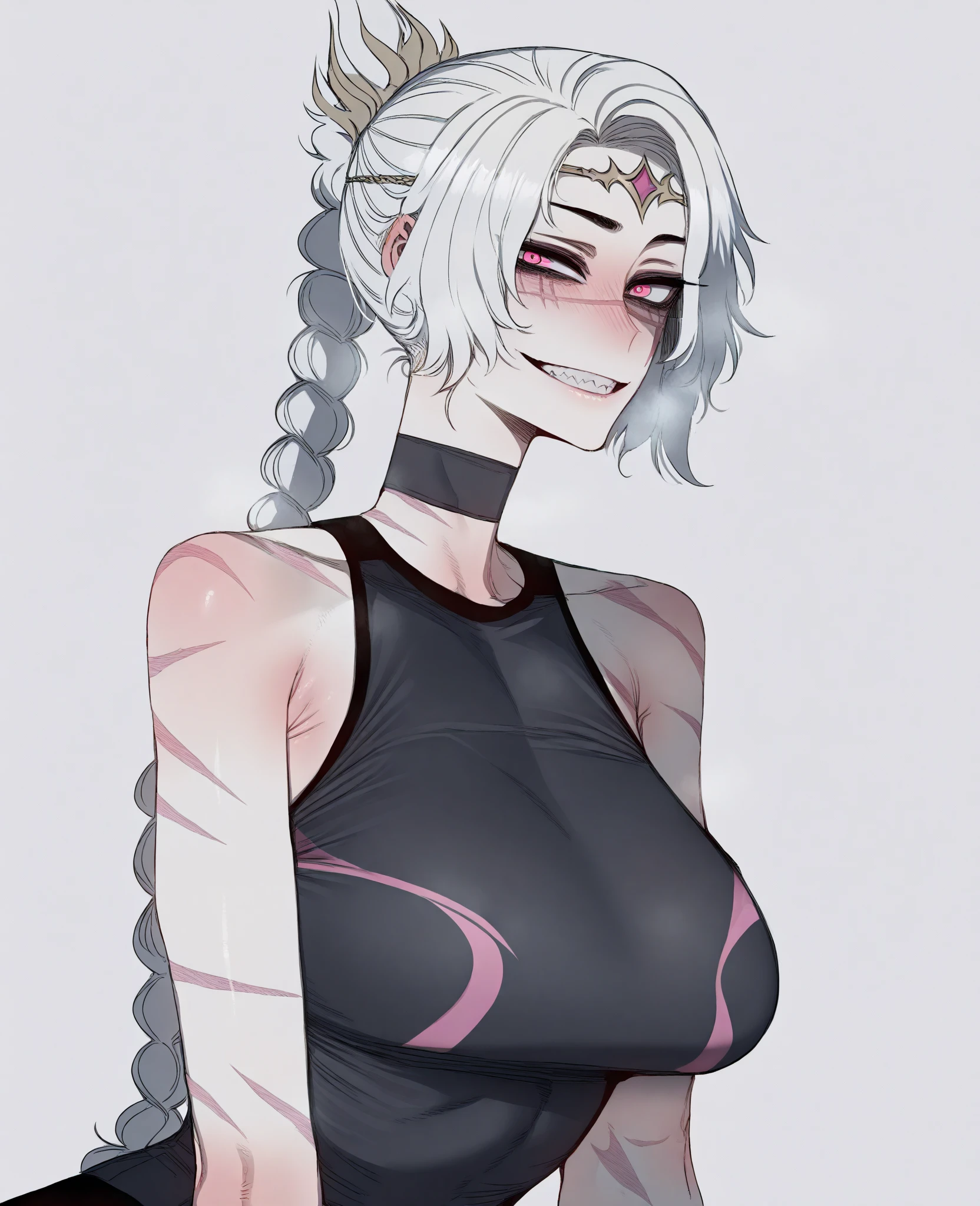 PersonalAmi style, 1girl, makima_(chainsaw_man), greyscale, ringed_eyes, breasts, monochrome, jewelry, solo, cleavage, necklace, braided_ponytail, braid, looking_at_viewer, large_breasts, blush, upper_body, earrings, bangs, sweat, simple_background, collarbone, black_background