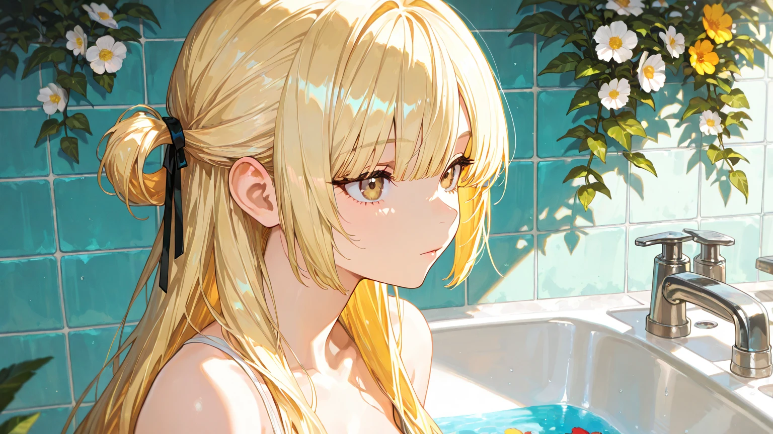 (nsfw), ((1girl)), ((masterpiece)), realistic, ((highly detailed:1.3)), beautiful princess bathing in a marble tub, ((very long blonde hair)), wet hair, wearing a sheer bathrobe, clothed bathing, ivorygoldai, royal palace bathroom setting, steam, ornate marble tub, (rose petals floating in water:1.3), early morning light, windows, crepuscular lighting, dynamic pose, dynamic angle