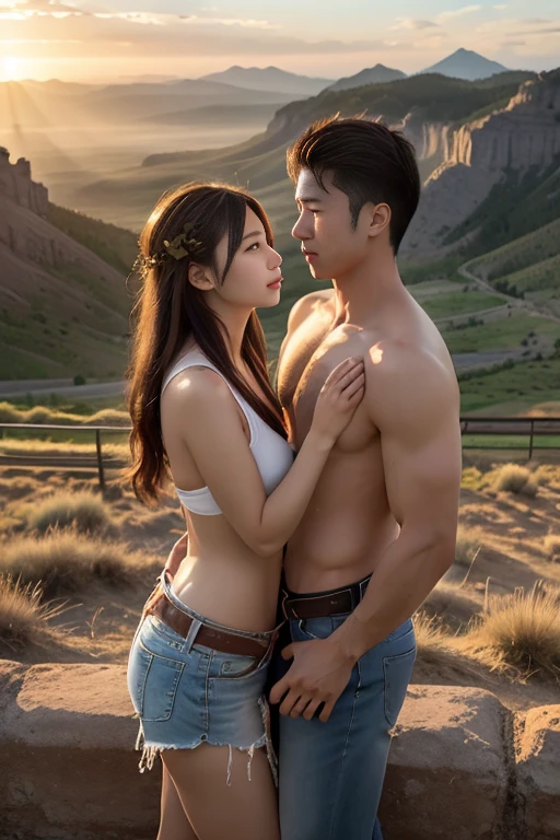 a couple of very thin heterosexual Thai teenagers, weighing 49 kilos, 12 year old lovers, a very thin heterosexual teenage Thai boy, 12 years old, weighing 49 kilos, flirting and hugging a very thin heterosexual teenage Thai girl, 12 years old, weighing 49 kilos , by the waist, both of the same height, both with thin and slender bodies, naked and barefoot. They face each other face to face, with their bodies pressed against each other from the front, the boy's belly touching the girl's belly and the boy's legs touching the girl's legs. Both are the same height. They face each other and look sensually, face to face, hugging each other around the waist. They are standing, stepping on volcanic rocks. An erupting volcano spews lava from the bottom of a mountain. The smoke from the volcano rises into the sky. The boy has an erect penis and the girl has a vagina. Both are completely naked. They are seen laterally in the image.