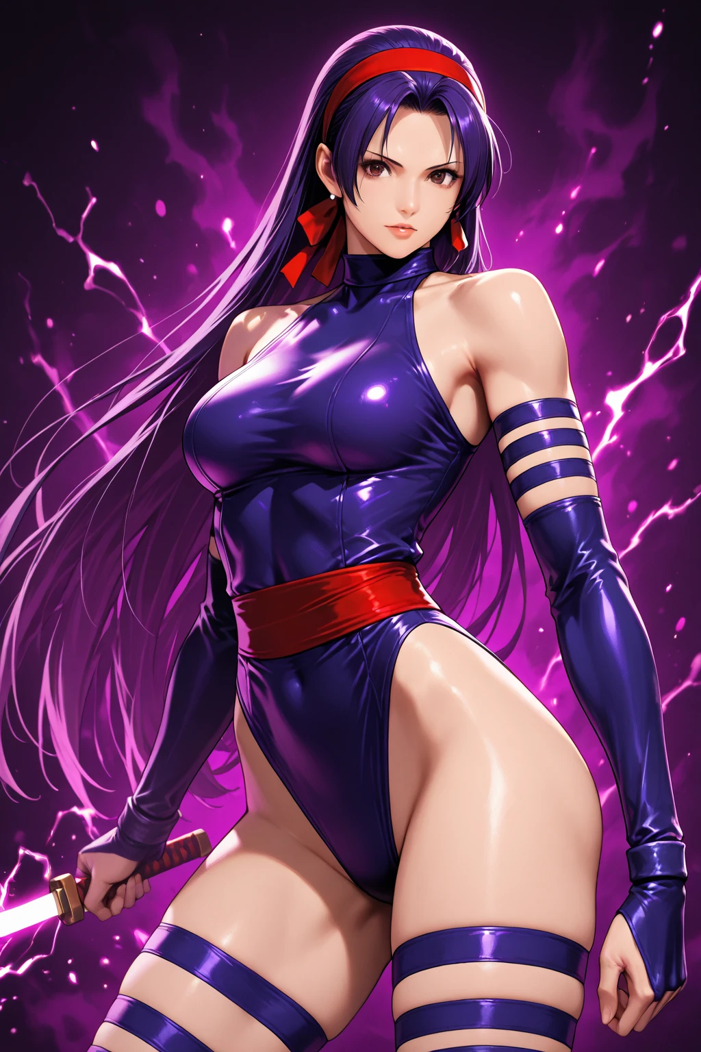 Mai shiranui, busty, long purple jacket, white tank top, spacesuit helmet, illustration iridescent, magically glowing, shiny colorful, By Yuumei, Anime art wallpaper 8K, Guviz-style artwork, Anime art wallpaper 4k, Anime art wallpaper 4K, girl in purple jacket, Beautiful anime artwork, Digital anime art, Guviz, full bodyesbian, 2 head body, giga_busty