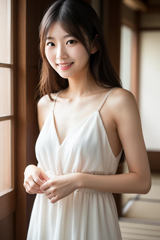 masterpiece,best quality,(Japanese ),((Beautiful girl)),cleavage,indoor,(perfect body beauty:1.2),(shy smile),beautiful teeth,