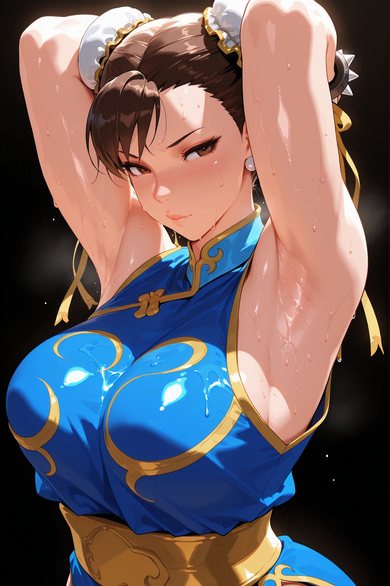 Street Fighter's Chun Li, Very Beautiful Girl, Small Man's Waist, Long Leg Proportions, Longeyelashes, Determined, White High Boots, Best Light and Shadow, Tilt View, Capcom Style, Ultra HD, 8K, Real Skin, All Body is Water, Chun Li's Signature Action, Black Stockings, Watery Big Eyes, High Nose Bridge, Small Mouth, Big Breasts, Crotch Width, Chun Li's classic outfit
