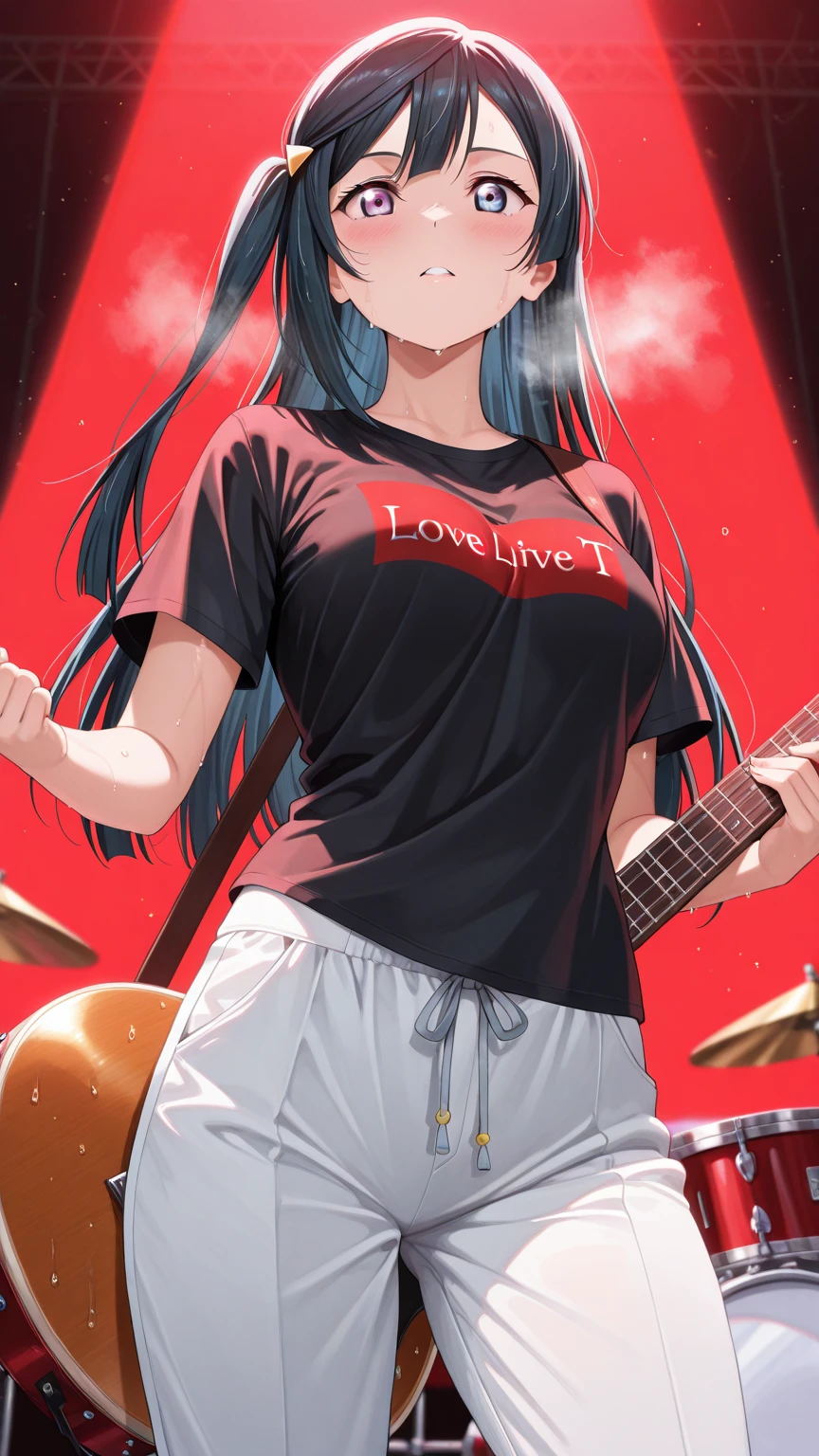 (highest quality:1.2, Very detailed, up to date, Vibrant, Ultra-high resolution, High Contrast, masterpiece:1.2, highest quality, Best aesthetics), Portraiture、girl、singer、Bright colors、Beautiful fine details、Beautiful lip detail、midium wave hair、red and white ((streaked hair:1.6)), highlights hair: 1.5, red eyes, slim body, middium breast, (tan skin:1.1), t-shirts and old jeans、loose fit, amplifier、Loud music、shouting into the microphone, vocal, (right hand holding mike stand:1), (Floral Fineline tattoo design on left arm:1), ((mike stand)), Powerful vocals、Rock star aura、music studio room