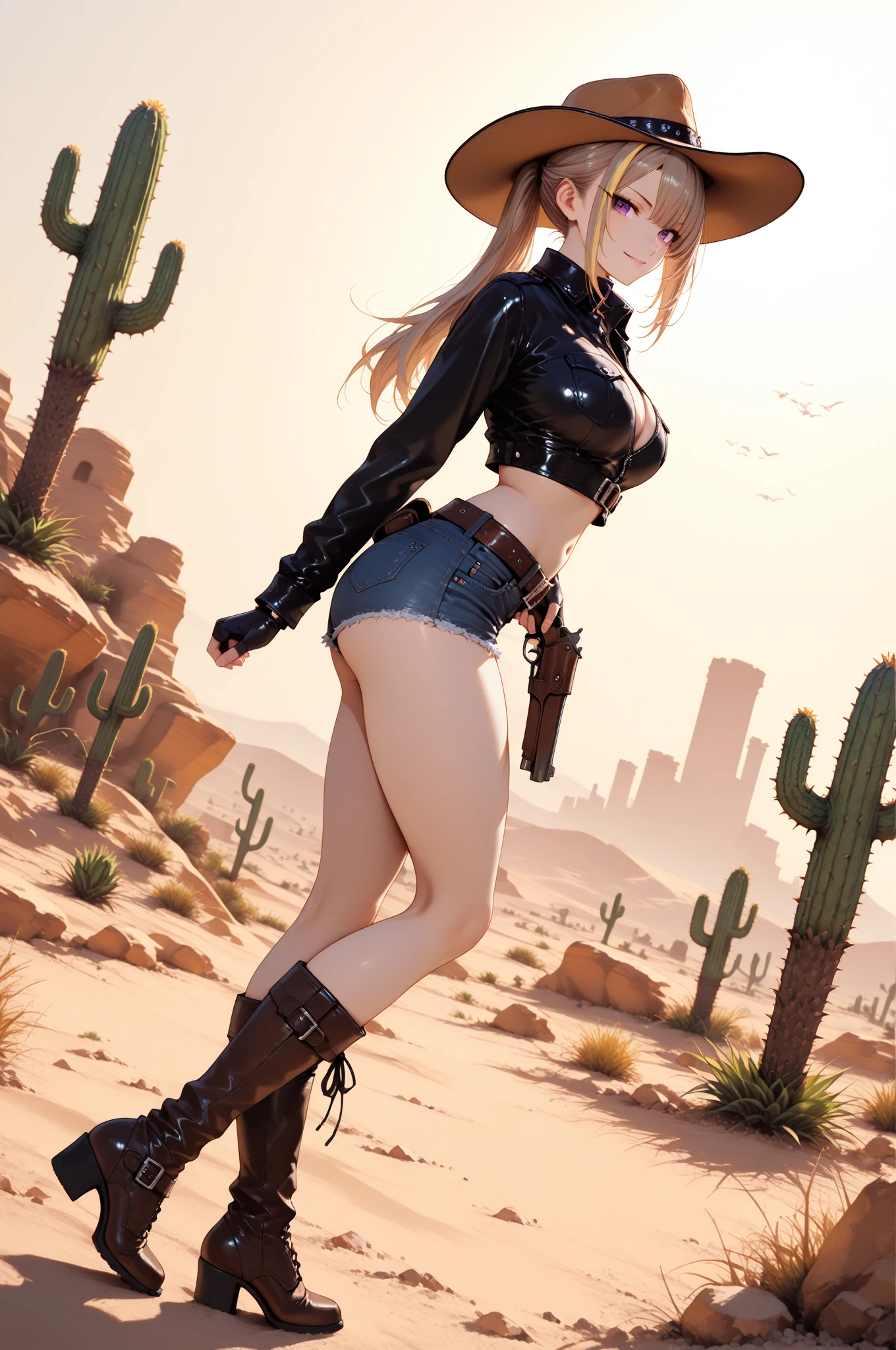 (masterpiece, best quality, ultra HD, 8k, wallpaper), cinematic view, (full body view:1.2), front view, perfect body, perfect anatomy, curvaceous body, alluring, perfect hands, perfect eyes, detailed eyes, long round legs, round ass, meet the daring gunslinger, a captivating woman exuding confidence, strength, and mystery, standing at 5'8" with a slender yet athletic build, she owns her wild and untamed appearance with short blonde hair flowing down to her lower back, adding to her allure, her outfit screams adventure, featuring a burgundy, high-collared, sleeveless leather vest adorned with silver buckles and intricate stitching, beneath it, a fitted, ripped black shirt tells tales of her battles and escapades, completing her attire are knee-high black leather boots, engraved with intricate patterns, and dark brown leather shorts offering flexibility, her weapons of choice, a pair of customized and inticate revolvers, are true works of art, polished silver frames with wild west engravings, blued barrels, and smooth dark brown wood handles that rest comfortably in specially designed quick-draw holsters on her hips, in this dusty western town, she stands amidst wooden buildings showing signs of action and adventure, the sun sets the sky ablaze with oranges and purples, while distant mountains loom majestically, few people walk the streets, allowing her to remain the center of attention, her pose and facial expression radiate her confidence and competence, the gunslinger is ready for anything that comes her way, add any creative elements to enrich the artwork and bring her dynamic character to life