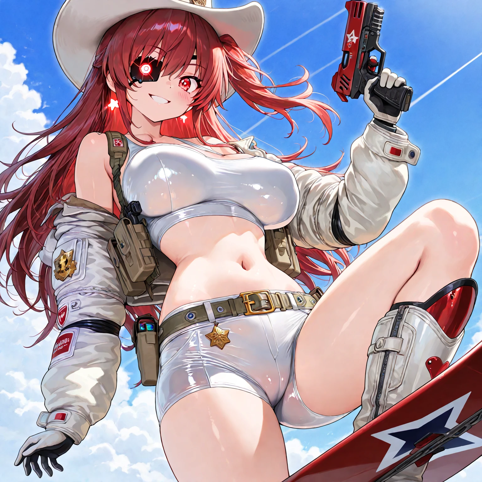 1woman 20 years old, military, wearing a soldier helmet, beautiful, perfect body, realistic, red hair, perfect body, thin waist, , large breasts, slim thighs, desert background, armored vehicle, flying fighters, military robot dog, camouflaged uniform, wealth of details, tight panties, marking on the front, slender knees, highly detailed, high resolution, prefect hands, slender thighs, thigh gap