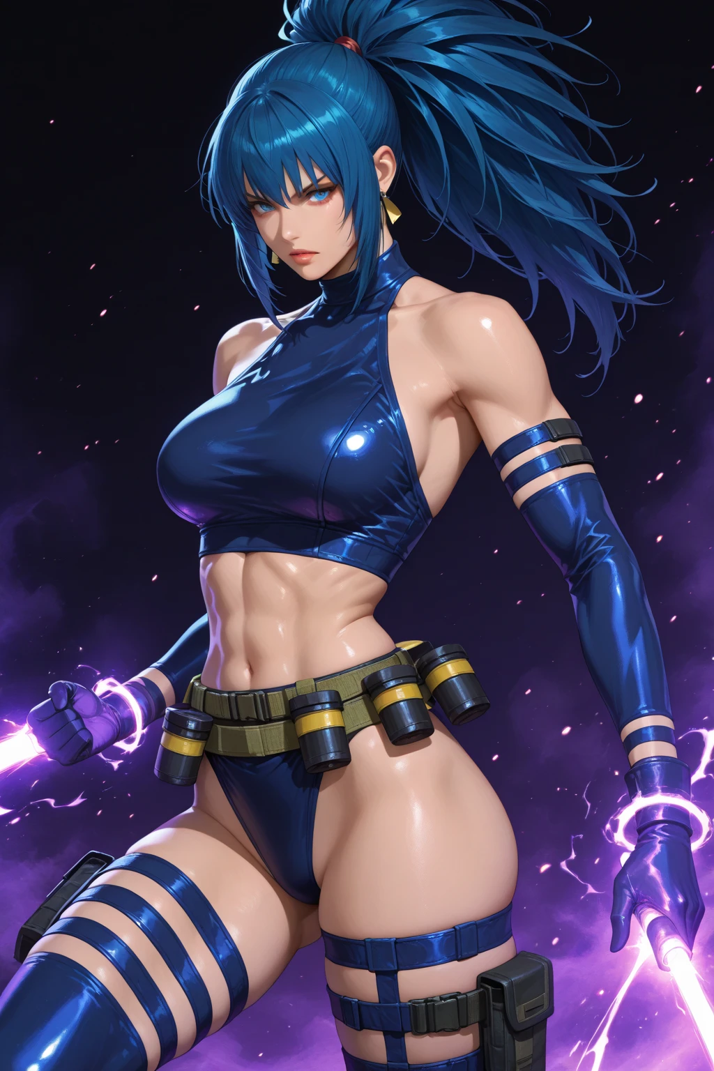 A half body photoshoot of a 25 years old woman, cosplaying cyberpunk, blue intense hair, brown eyes, hyper realistic, ultra detailed, natural light, minimalist photo studio as a background