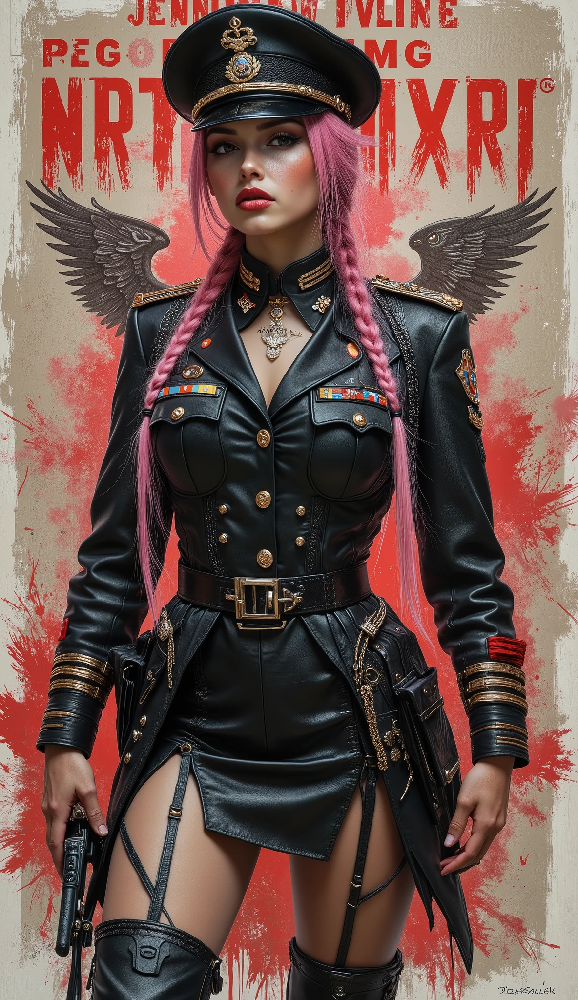 the proportions and detailed textures multicolor brushwork and softened with airbrush, semi-realistic ink china illustration of a strong and beautiful young girl in a steampunk style police uniform and epic fantasy (full body pose, with a confident and daring stance, Full lips and defined eyebrows, thick thighs, huge round breasts, wide hips, thin and high waist, flat stomach) Her long, straight pink hair is tied into a (long) braid that falls down her back. Her uniform consists of a black shirt beautifully decorated with military orders, decorations and medals, a tight, high-waisted, finely tailored knee-length pencil skirt, and an officer's beret decorated with a military police badge. In the background is a recruitment poster for the army, all in a steampunk and World War II style. The composition, halfway between vintage and punk, of the overall image is clean, defined and of high quality. balanced saturation in the color palettes very defined (color with monochrome shading and shine tones of red 25% + yellow 25% + blue 25% + biofluorescent 12.5% + transparencias 12.5%. Aesthetic fusion by (Fibonacci ratio. Young girl (Her skin pink with various shades of dark-beige that give contrast and brightness character) style. A poupée realiste of a young office's police. haute couture photoshoot (Full body in a movement position with hands and legs in a dynamic pose). Fluid texture of fine, thin fabric that molds to your body (Her clothes with relief and folds give volume and depth to the character). Sharp Highly Detailed Soft Focus, Approaching Perfection, Full HD 8K, High and Low Angles. of Gianni Versace, Coco Chanel, Alberto Vargas, Greg Rutkowsk art style fusion.
.