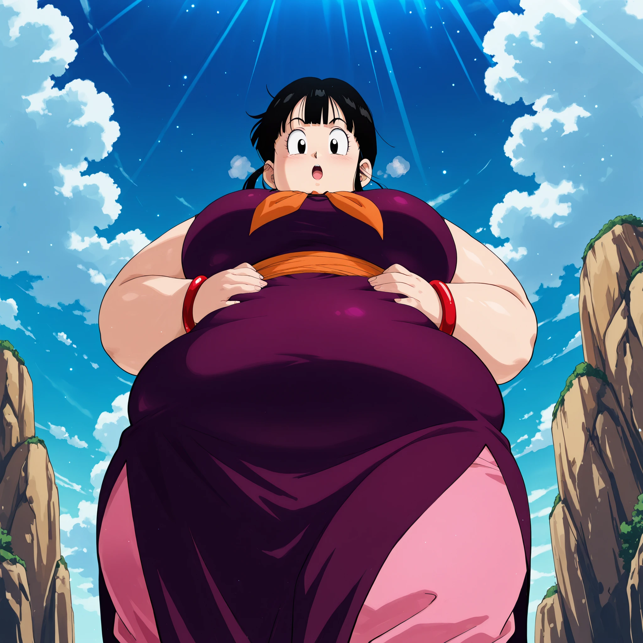 anime screencap, anime coloring, detailed face, masterpiece, best quality, very aesthetic, absurdres, volumetric lighting, official style, amazing quality, ultra detailed, highres, amazing quality, scenery, beautiful detailed hair, beautiful detailed eyes, detailed fingers, holding tray, y
anime screencap , masterpiece , best quality , amazing quality , very aesthetic , absurdres , newest , (scenery , volumetric lighting) , dappled sunlight , light particles , light rays , official style , chi-chi , dbz , main outfit , bare arms, 1girl , solo , black hair , purple dress , jewelry , outdoors , sky , day , pink pants , cloud , blurry , black eyes , red bracelet , blue sky , fingernails , chinese clothes , cloudy sky , smile , rock , orange sash , orange neckerchief, looking at the viewer, open mouth, :O fat, chubby, obese, gigantic arms and legs, large breasts open mouth, out of breath, from below, hands on belly,