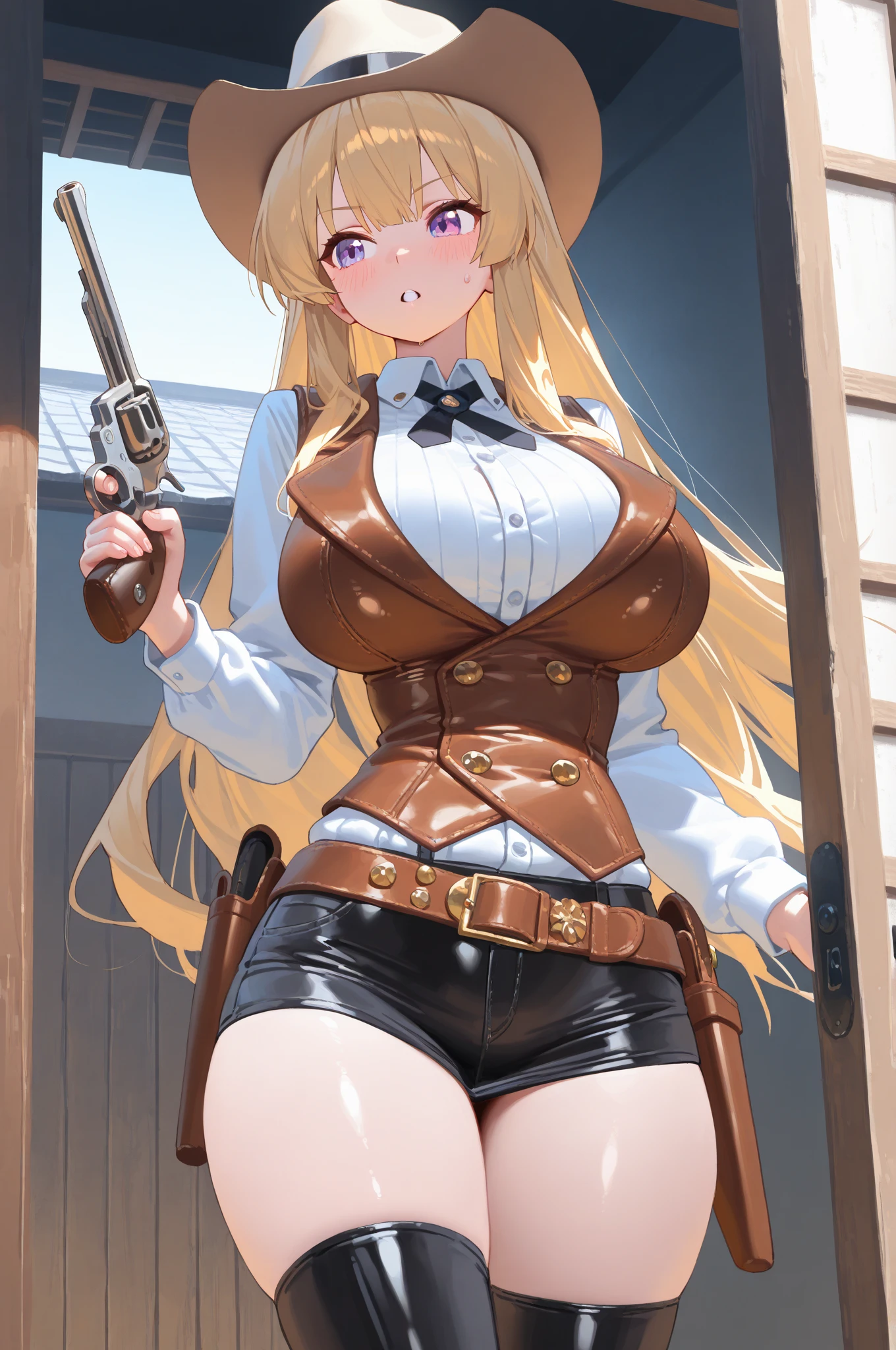 Highest quality, blonde、Golden Eyes、Big Breasts、topless、With a revolver、Brown mini skirt、Ten-gallon hat、Western Boots、Accentuate your breasts、A fearless smile、Erect nipples