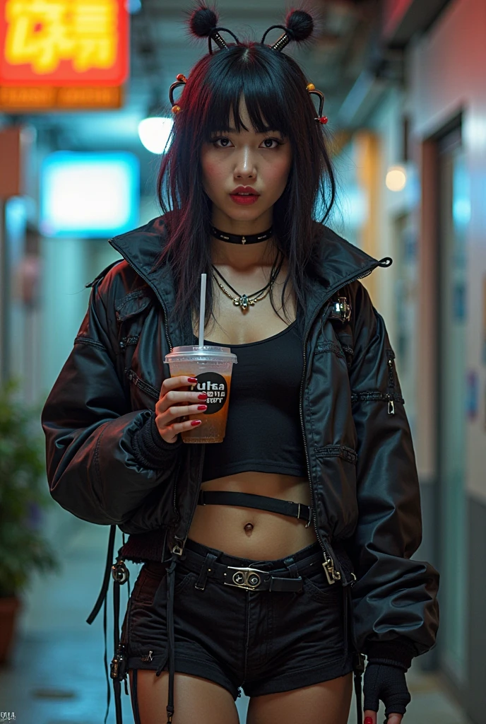 Computer Punk Alaf wearing a black top and black shorts holding a drink, computer ...