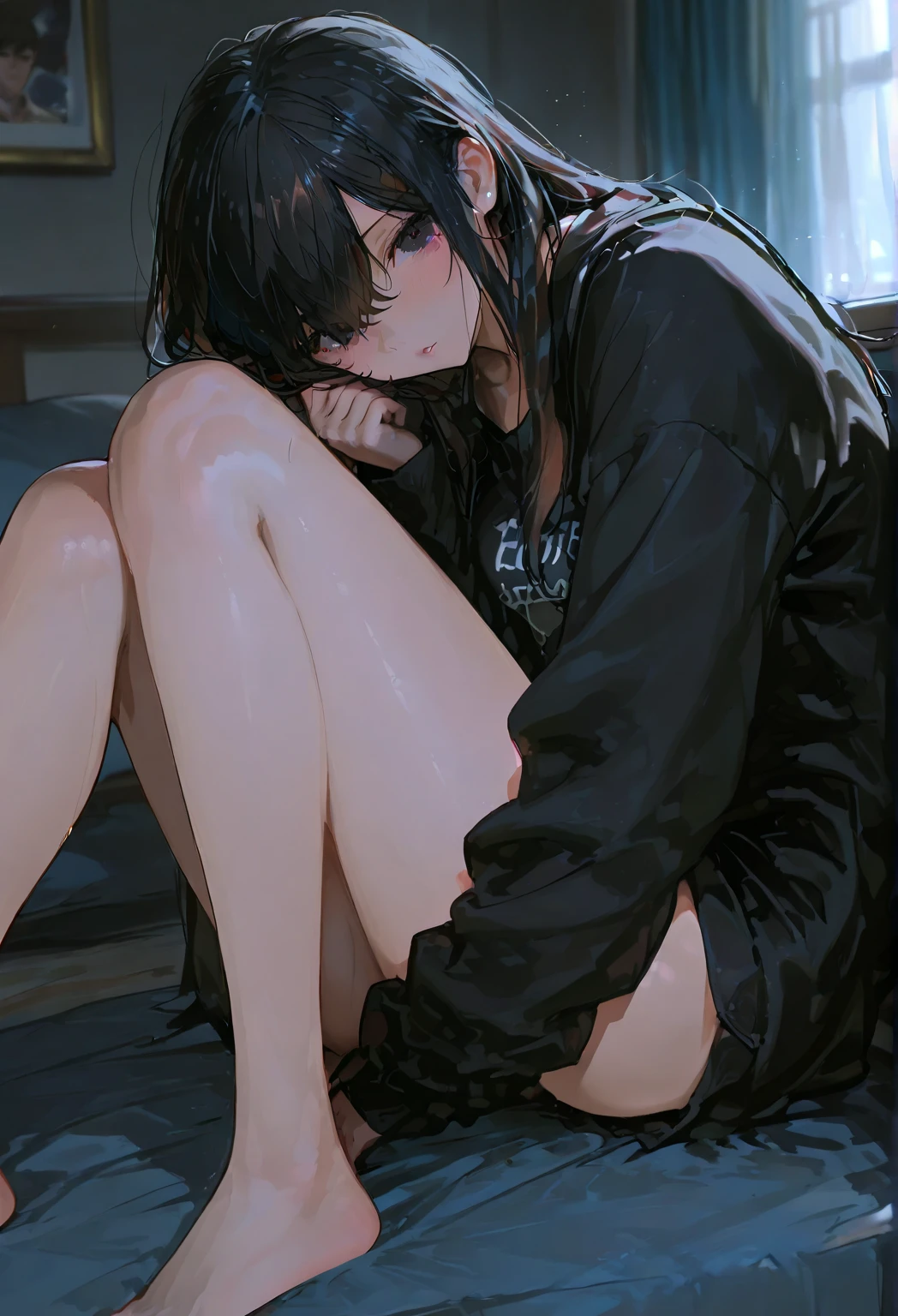 masterpiece, highest quality, Very detailed, 16k, Ultra-high resolution, Cowboy Shot, Detailed face, Perfect Fingers, 20-year-old woman, black eye, Black Hair, Luxurious Western-style building, Bedroom, bed, naked:1.3, amateur, close up, spreading legs, legs up, deep, missionary vaginal, huge penis, creampie