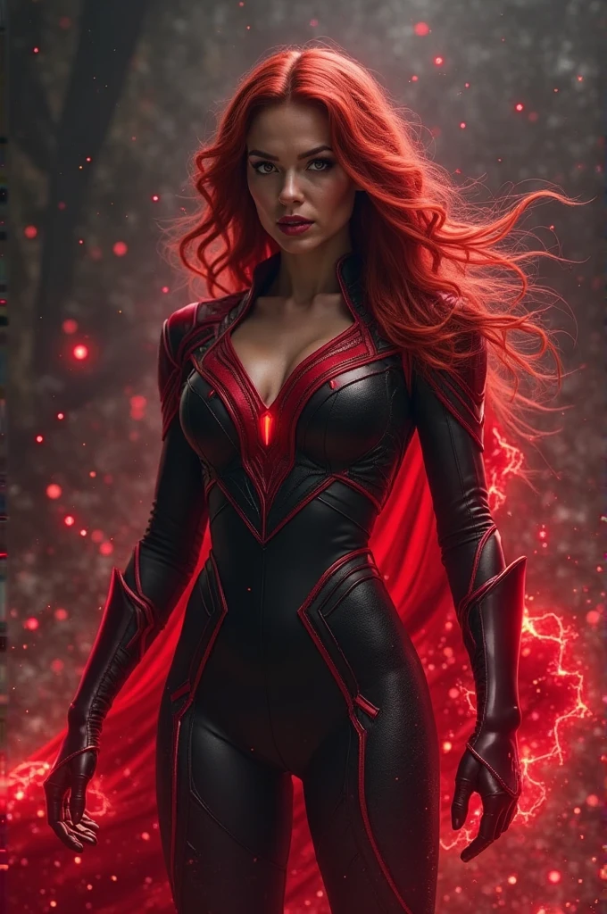 ultra realistic, photography, long red hair, girl, 24 years old, hourglass figure, perfect body, Flirty look, extremely detailed artgerm, in the style artgerm, facing the camera, lens 35 mm, blur background, scarlet witch red cosplay, floating in the air, red electric glowing hands, sparkling with red electricity, outside in darkening clouds, clouds with red electricity, full body, full body pic