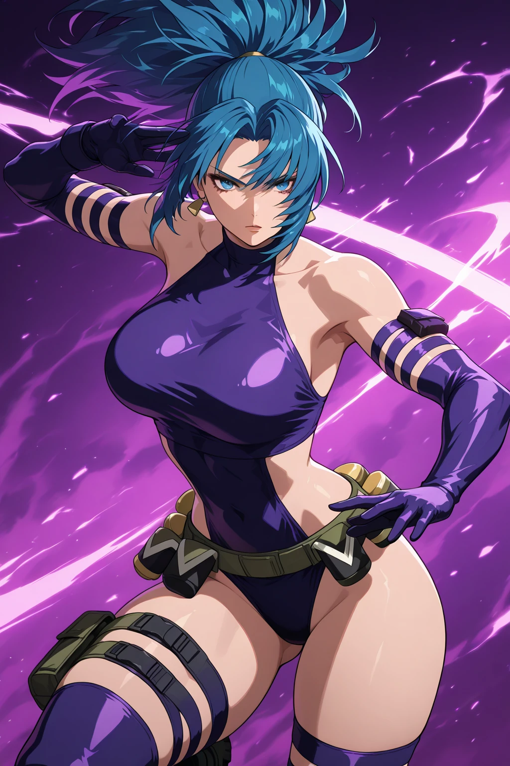 A beautiful woman, short purple hair, long bangs covering her left eye, a headband on her forehead, an exquisite and charming face, a mysterious gaze, a faint smile, draped over her shoulders a thick fur scarf connected to sleeves made of the same fur, a fantasy-style bikini outfit, showcases her delicate and alluring figure, a fur belt around her waist, the background features a cracked giant stone in the wilderness emitting an eerie glow, this character embodies a finely crafted fantasy-style female villain in anime style, exquisite and mature manga art style, perfect body, perfect nose, goddess, femminine, high definition, best quality, highres, ultra-detailed, ultra-fine painting, extremely delicate, professional, anatomically correct, symmetrical face, extremely detailed eyes and face, high quality eyes, creativity, RAW photo, UHD, 8k, Natural light, cinematic lighting, masterpiece-anatomy-perfect, masterpiece:1.5