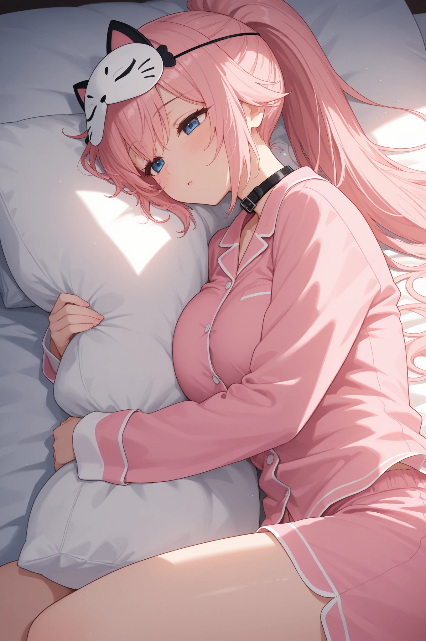 ((masterpiece)), ((highest quality)), ((8K)), High resolution, 1 girl, Cat ear, white skin, big breasts, aqua eye, Historic lighthouse bedroom, blue color of pajamas, panty shot, lying in bed, fetal position, clothing lift, evening, twin tails, blush, orgasm