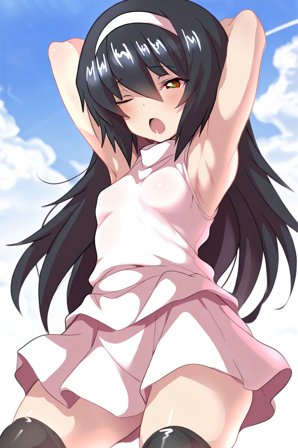 1 Girl, alone,  Brown eyes, Black Hair, Long Hair,Half Up、 (White dress:1.4), Ocean、blue sky、Ocean岸、Sandy Beach、Very large breasts、Exposing the breasts、Bare your breasts、blush、Embarrassing、Frightened face、in trouble、A lot of milk comes out of the nipples、Breast milk squirts out of the nipples、Very short skirt、Micro Mini Skirt、The shape of a woman&#39;s private parts is clearly visible、vibrator in thighhighs、The crotch is wet with love juice、Love juice is dripping from the crotch、White Pantyhose、No panties、Feeling face、Feels good、Close ~ eyes