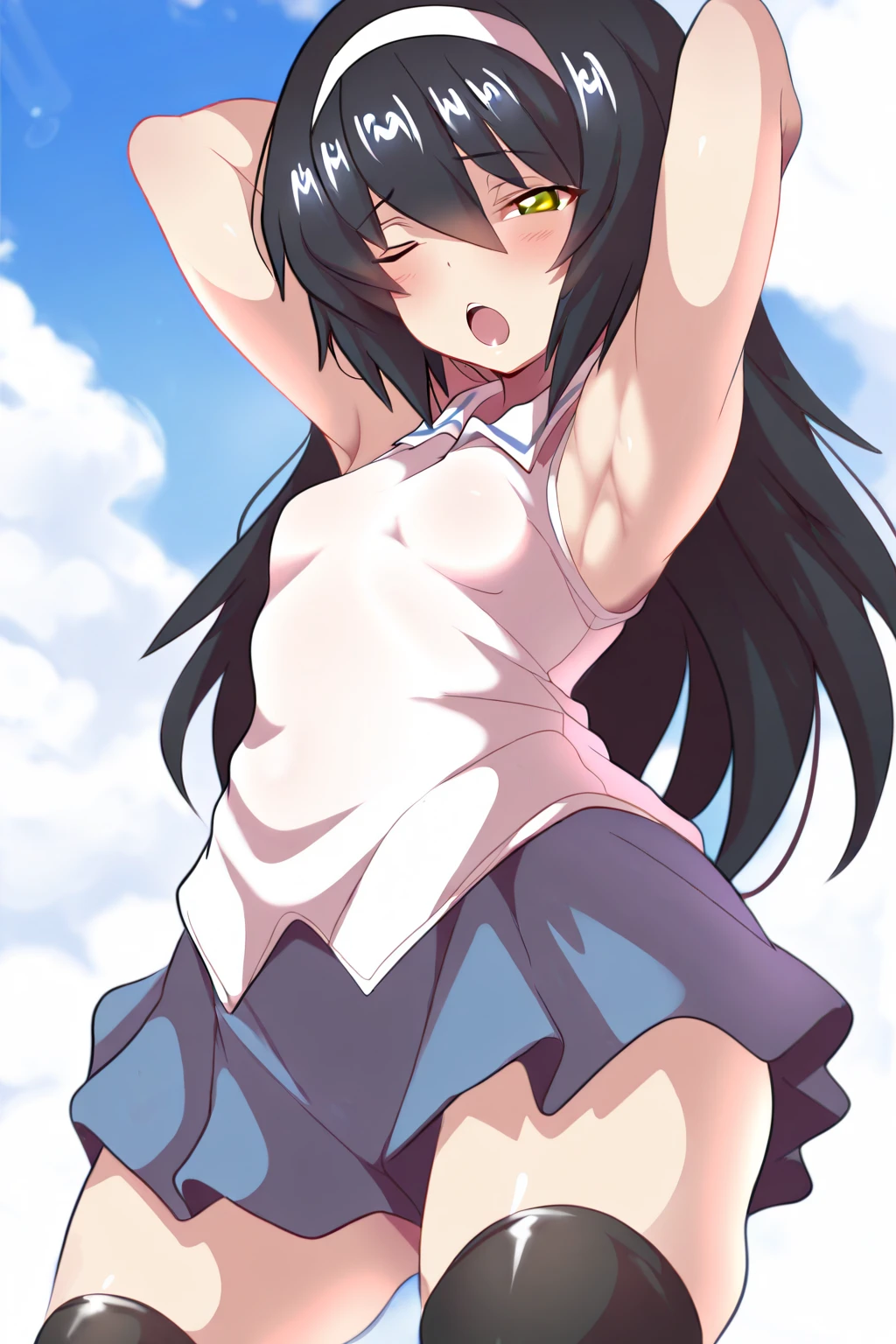 Without skirt、The skirt is flipped up、Without skirt、White underwear、In underwear、Panties in full view、White panties、 1, 1girl, asahina mikuru, long hair, kita high , solo, short sleeves, red ribbon, large breasts, cowboy shot, waving, outdoors, Underwear in full view、