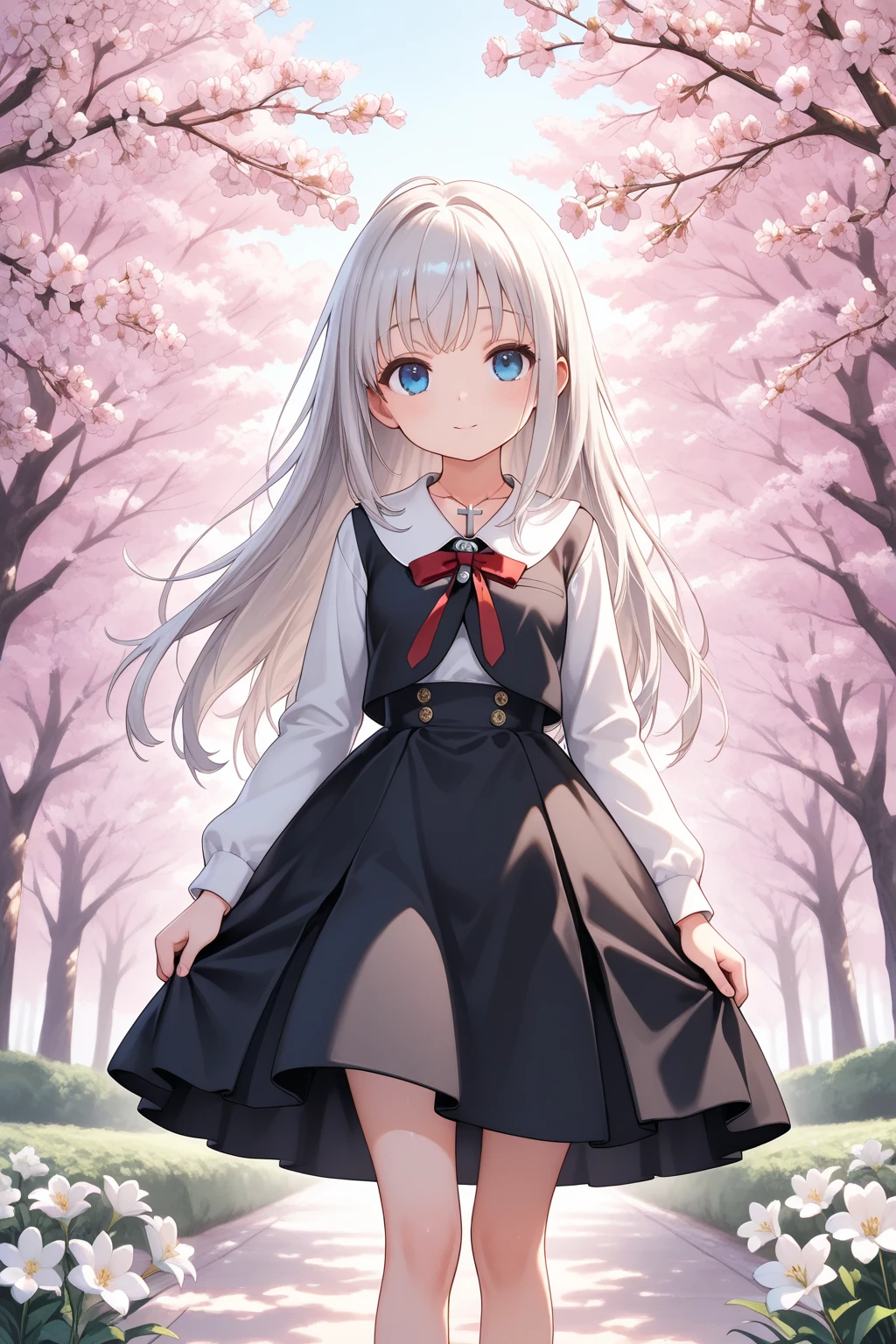 ((WeriArt style)), high-waist skirt, blush, 1girl, ribbed sweater, vibrant colors, white skirt, frilled skirt, raytraced, light rays, 8k realistic lighting, pantyhose, sweater, long sleeves, bangs, looking at viewer, skirt, bow, black legwear, red eyes, breasts, red bow, hairband, sleeves past wrists, standing, closed mouth, light bloom, lens flare, light reflections, sun rays, light particles, small breasts, [cowboy shot], simple background