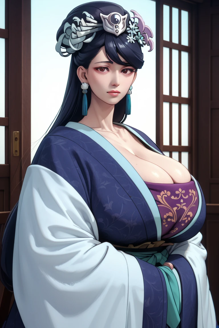 Beautiful Asian woman with a flirtatious smile, Super busty Ronin wearing a gold lace kimono, Meiji Restoration, blue eyes, focused on the audience, Jimbo&#39;s, cleavage, Drop your shoulders, hd, Uhd, WLOP, art germ, braided hairstyles, big anime eyes, realistic eyes, very detailed目, natural skin, natural skin texture, Scattered beneath the surface, calm colors, skin pores, perfect face, perfect eyes, perfect lips, supple female form, Brilliant, cinematic, film light, very detailed, surreal, masterpiece, in the atmosphere, High resolution, lively, high contrast, dark angle, 8k, hdR, 500 pixels, view from above, half body portrait