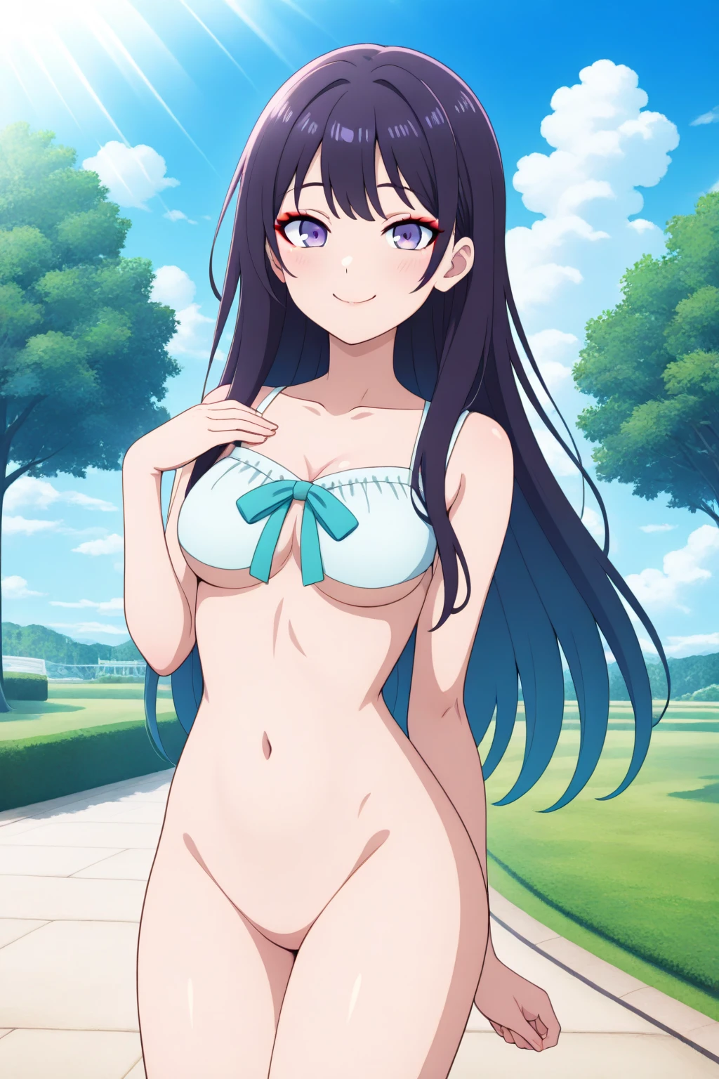 at a park, Hoshino Ai, long hair, purple hair, streaked hair ,purple eyes, star-shaped pupils, hair ornament, naked, nude, completely naked, stomach, navel, <lora:HoshinoAi_v9:0.7>, looking at viewer, smile, closed mouth, <lora:add_detail:0.5>