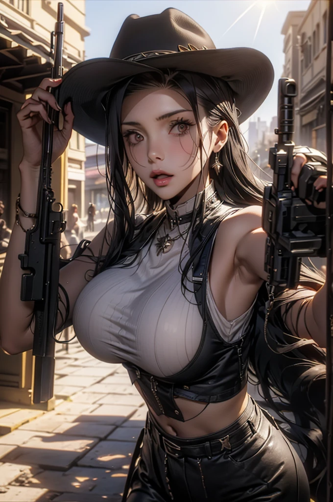 (masterpiece:1.3, Highest quality, Ultra-high resolution, Super detailed), (Realistic, photoRealistic:1.4), Perfect lighting, colorful, Depth of written boundary, Browsing Caution, Surrealism,((Pose with a gun and sword:1.3)),Beautiful detailed hair, Beautifully detailed face, Beautiful fine details, Beautiful valley,Beautiful clavicle, Beautiful body, thin脚,Beautiful feet, Beautiful breasts,Beautiful Hands, thin, 1 girl,Perfect Face, Long eyelashes,21 years old,Perfect Anatomy, Supermodel with a long neck,((Skinny1.3)),looking at the camera,(Perfect Anatomy,Anatomically correct, Highly detailed skin), Shiny skin,((beautiful girl:1.1)),(( large breasts:1.4)),(Mid-length hair:1.4, Wavy Hair:1.2, Black Hair) ,hair over one eye, Dainty facial structure,((Happy smile:1.3 )), (bullet proof vest:1.3),(( ((wearing(black)Maid clothes:1.3 )),criss-cross halter, ((Has an assault rifle)),Long hangerless gloves,((Destroyed city)),Ruins scary atmosphere,Mood Lighting,naked,spooky,soil,Deep dark background,Complex background,action,Daytime,((looking at viewer:1.2)),((wind lift)),((wind effect)),upper body,((wide shot:1.3)),