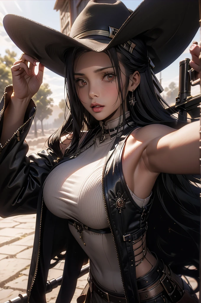3女の子, cute little, 耳Nipple Ring, Shirt,jaket, jewely, up looking_で_viewer, a necklace, The shirt, long_hair, Narrow eyes, Fantasy model, realisitic, Sharp details, intricate detailes, A hyper-realistic, Digital Enhancement,3D References, 8K resolution,  over exposure,foco nítido, nffsw, 8K,night dress,Black BMR_uniform,fits the body snugly、cleavage of the breast