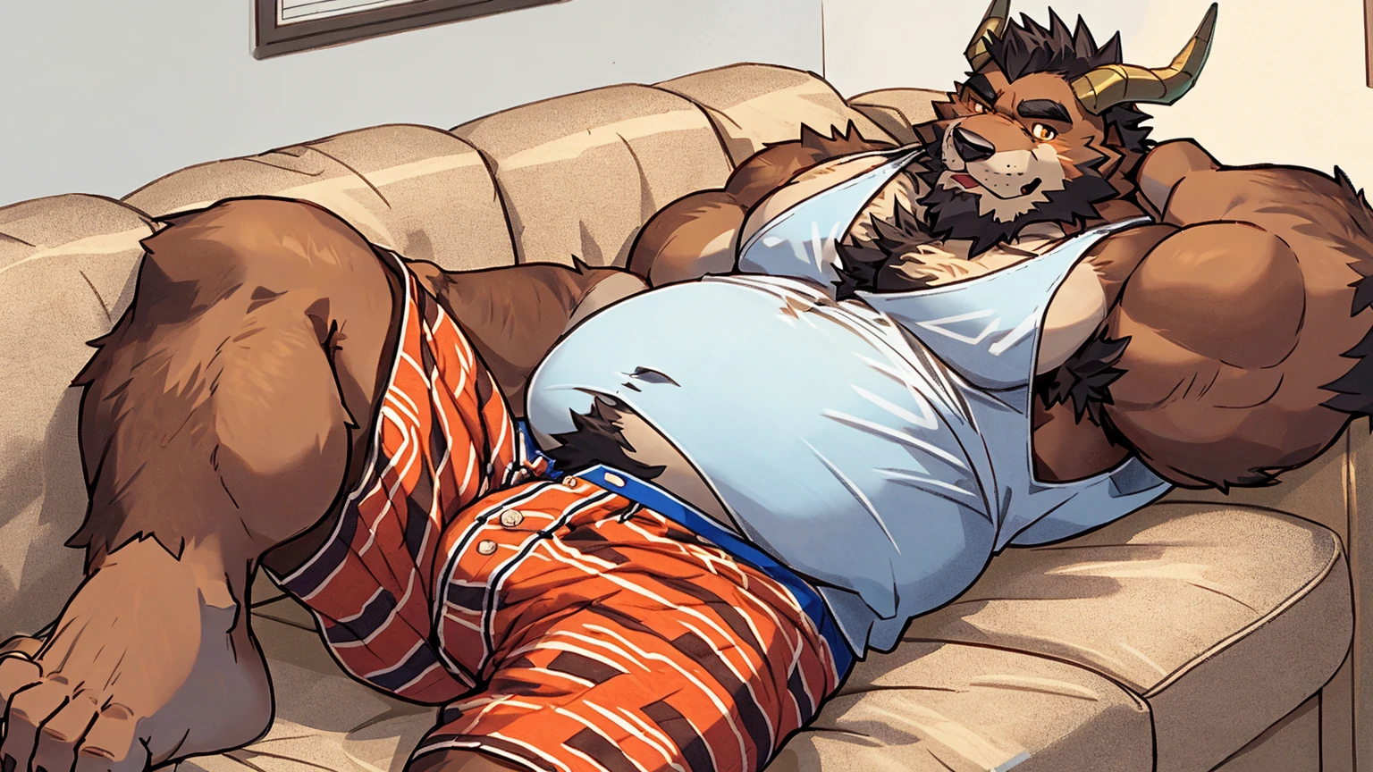 anthro, kemono, male, solo, ((round face, very plump face, thick beard)), (((dark beard))), ((endomorph body type, old-aged, mature)), ((green bear, bear) fluffy fur, fluffy), (high quality, highres, masterpiece), (dynamic lighting, vivid color), (generous smile), (face focus), front view (close up), cartoon, (((green bear))), (((green fur))), green hair, beard, white eyebrows, bald, red eyes, tall, by zixiong, by takemoto arashi, by zixiong, (by null-ghost:0.8), (by t.y.stars:0.4), ,(yellow stars print oversized teal loose_boxers:1.3),(red plaid shirt, open shirt:1.3), inside bedroom, chubby, anatomically correct, seductive look, masterpiece, best quality, naughty, smirk, glasses, full body, detailed background, by adios, low-angle view, sitting