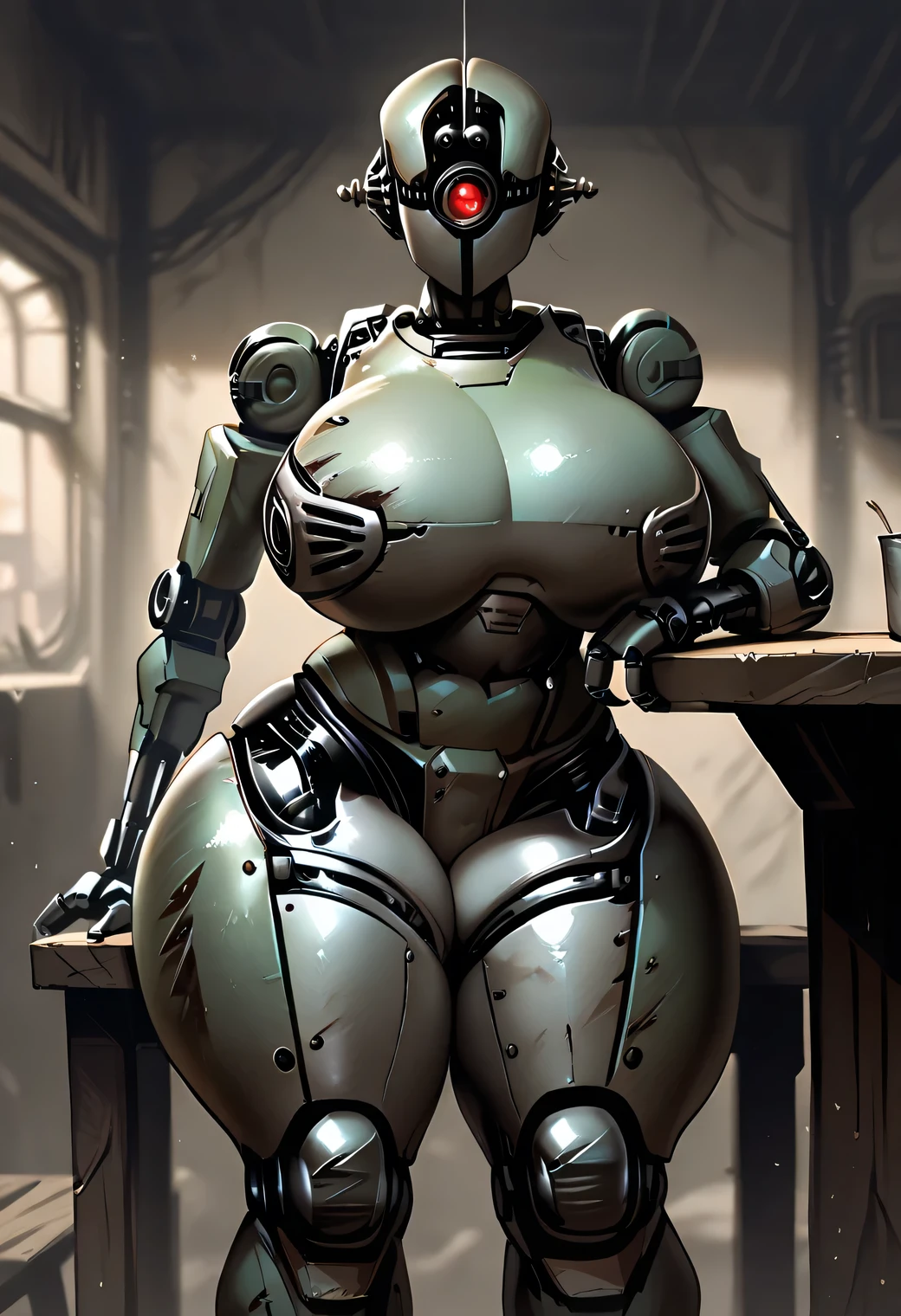1girl,solo, robot girl, humanoid robot,robot joints, orange eyes,long hair, (colored skin),huge breasts,tiara, jewelry, armored dress,gold trim, sleeveles,cape,castle in background, (outdoors),garden,sitting,throne,(coffee cup in hand),table,looking at viewer, light smile