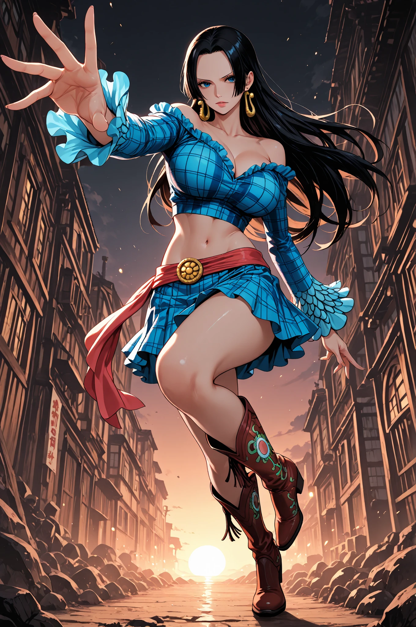 (((masterpiece))), Haigress, Nico Robin, One girl, alone, Long Hair, View your viewers, smile, blue eyes, skirt, Large Breasts, shirt, Black Hair, belly button, Cleavage, very Long Hair, Mouth closed, clavicle, whole body, Short sleeve, abdomen, High heels, Crop top, sunglasses, blue shirt, Wear glasses on your head, orange long skirt, handrail, I slicked my hair back., Partially defrosted, Place your hands at your sides,