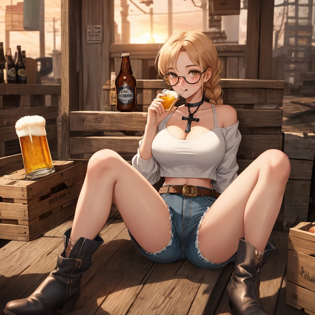 (((1 person:2.0))),(((Cowgirl Costume))),(((Low waist denim shorts))),(((Wear a western hat))),(((Wear one leather belt))),(((He is wearing short sleeves, Plaid, front tie shirt.))),(((wearing a watch))),(((short boots))),(((Showing cleavage))),(((Showing your belly button))),(((Exposed thin inner thighs))),(((Small breasts:1.5))),(((Bare arms))),(((Her hair is blonde))),, Beautiful detailed girl, Very detailed目と顔, 緻密でBeautiful Eyes, Very detailed, High resolution, highest quality, masterpiece, Very detailed, 8k wallpaper, wonderful, finely, highest quality, The light shines on your face,(Night Bar),Beautiful Eyes,(((Drunk:1.5))),(((Drunk face:1.0))),(((Open your mouth:0.5))),Cowboy Shot